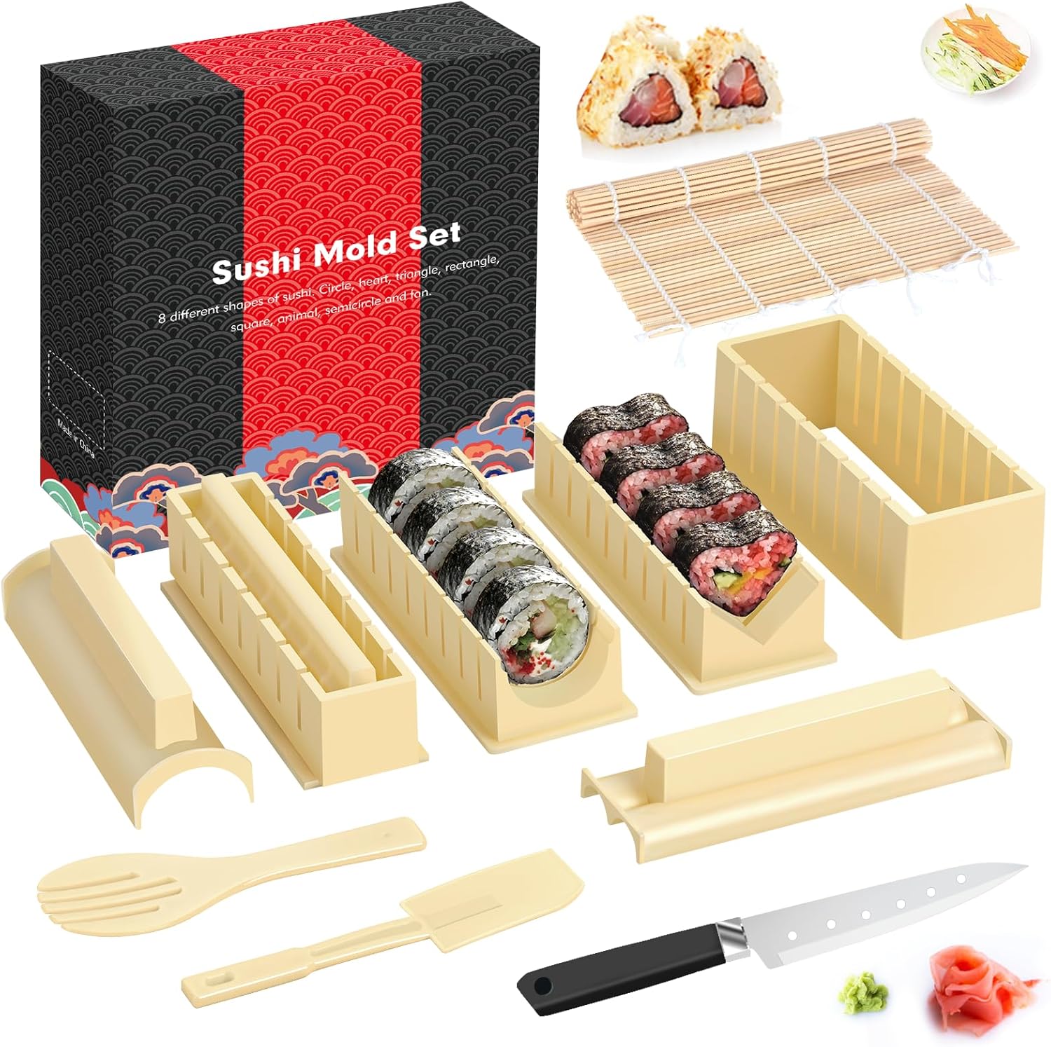 HI NINGER Deluxe Sushi Making Kit: 8 Shape Rice Molds, Fork, Spatula, Knife - 12PCS DIY Home Sushi Tools for Beginners