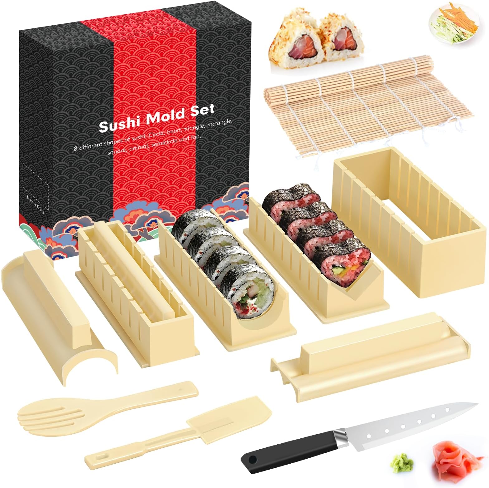 HI NINGER Sushi Making Kit Deluxe Edition Heart Sushi Mold Press with 8 Sushi Rice Roll Mold Shapes 1 Fork 1 Spatula 1 Sushi Knife, Complete Sushi Maker Kit 12PCS DIY Home Sushi Tool