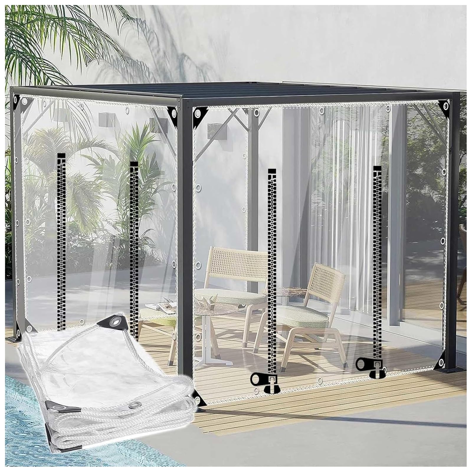 Clear Tarp Panel Weather Resistant Patio Outdoor Curtain with Zipper Door Waterproof Side Panels, Tarps Curtains Zipper Door for Pergola, Porch, Gazebos, Customizable(H2.8xW5m/H9.1xW16.4ft)