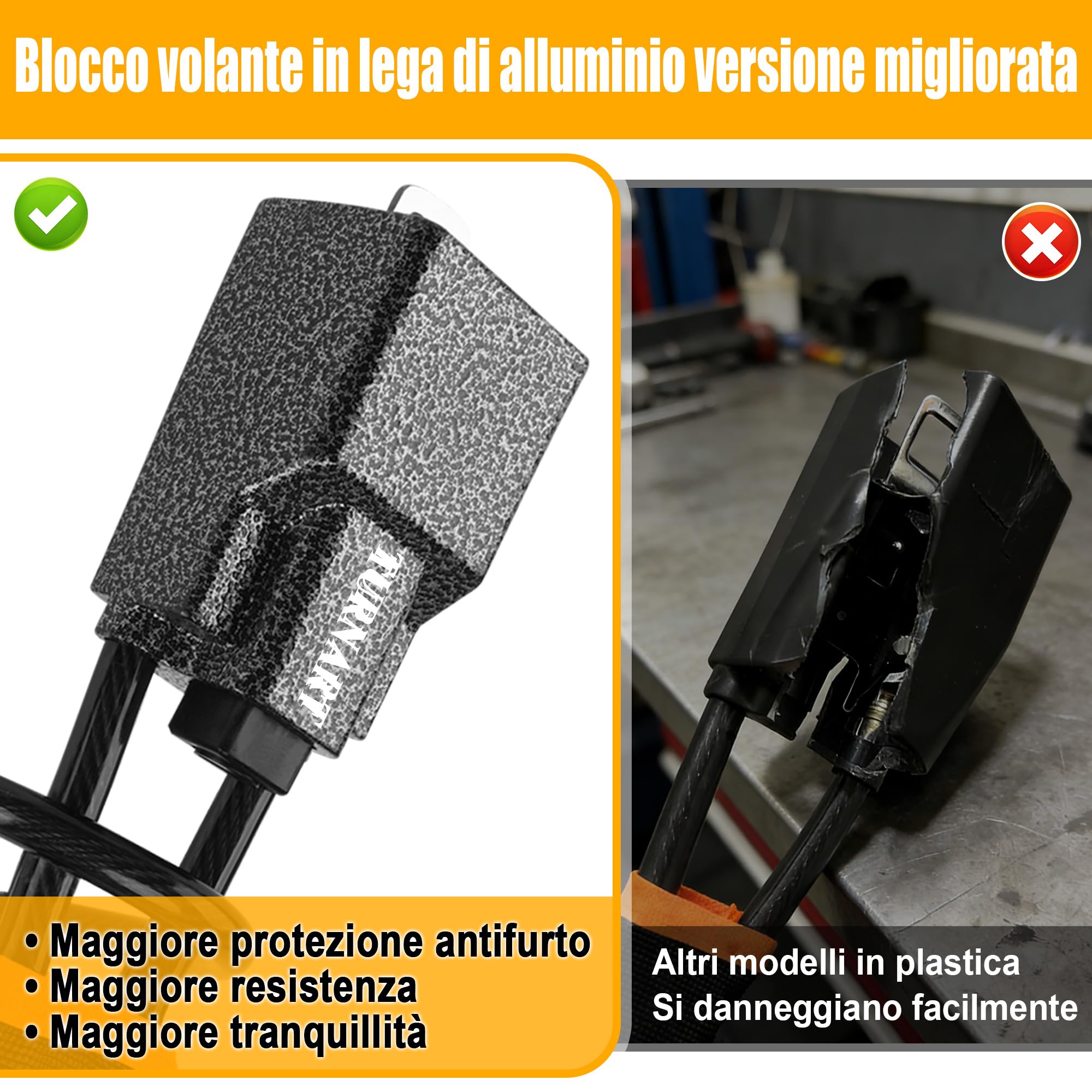 Blocco volante Turnart, compatibile con la maggior parte dei modelli. Robusto e resistente, questo dispositivo antifurto per auto è adatto a berline, camion, SUV (Nero, Set in metallo)