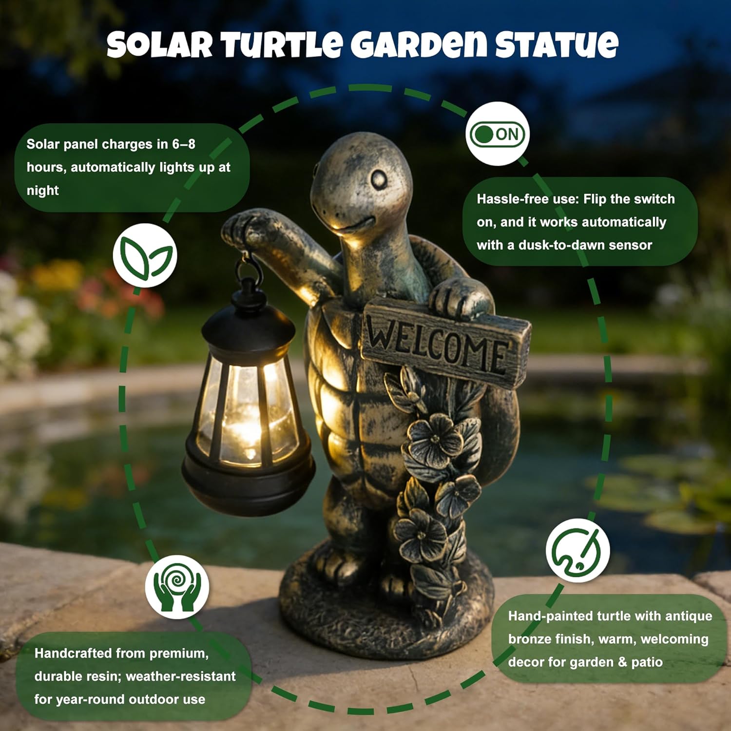Solar Garden Statues, Resin Turtle Statue w/ Welcome Sign, Waterproof Figurine Solar Latern for Outside Yard Outdoor Home Patio Lawn Decor, Solar Animal Lights for Adults Women Birthday Easter Gifts