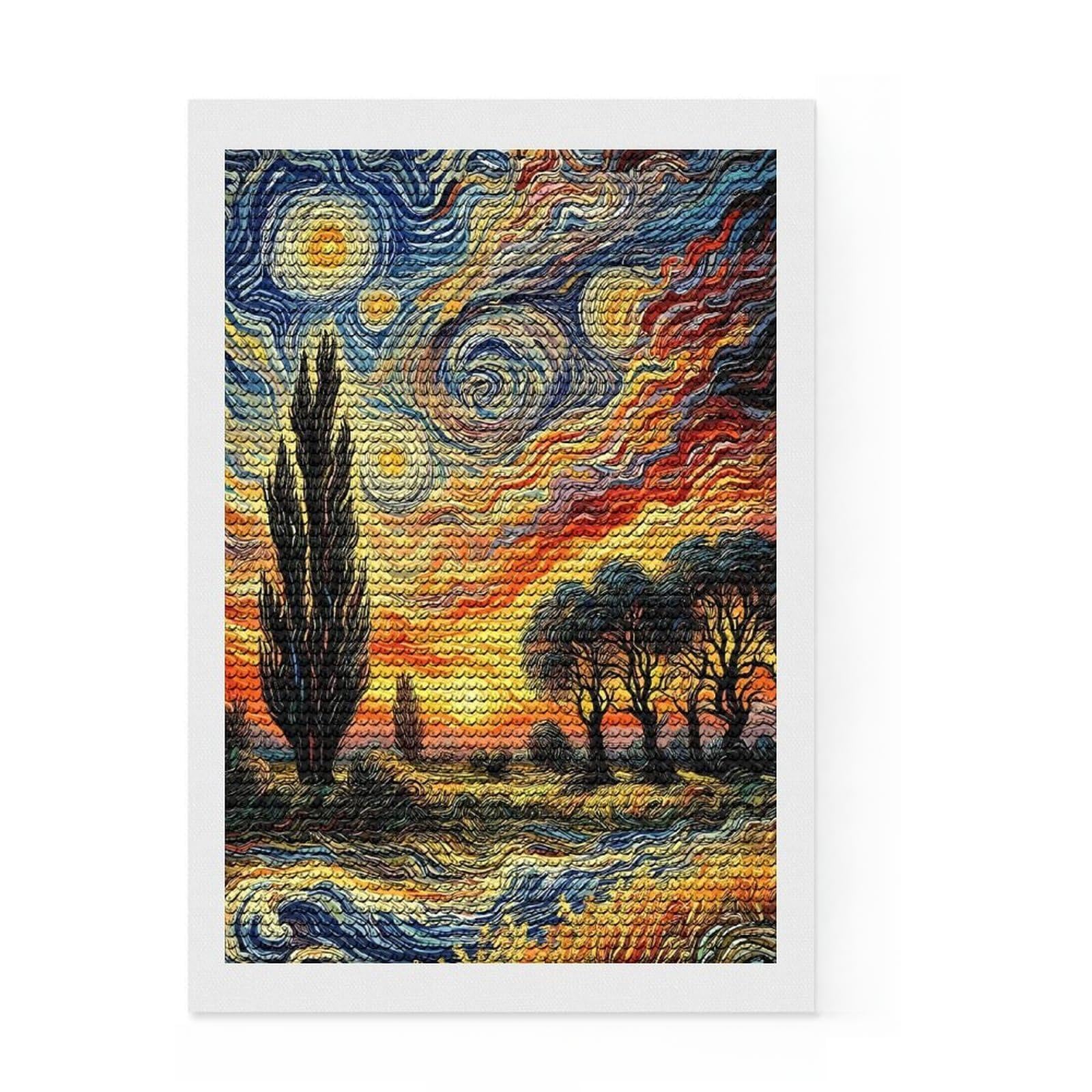 Junmoney Starry Night Inspired Landscape Painting Full Drill Diamond Painting Kit 8"x12", Relaxing DIY, Aesthetic Room Decor, Modern Decor, Decor Project