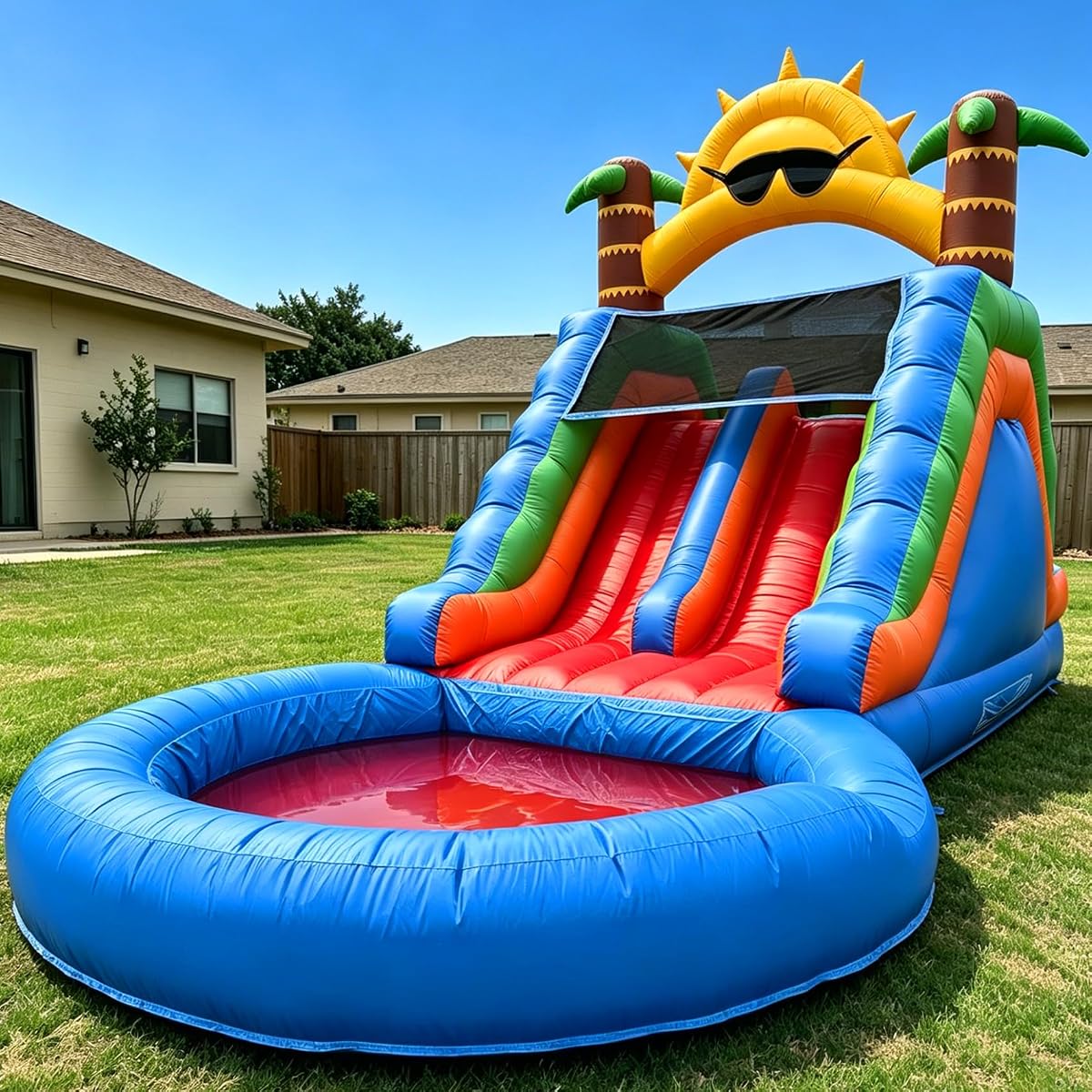 Tobogán acuático inflable de grado comercial de 22.5 pies para adultos y niños Tobogán acuático de carreras de doble carril de PVC resistente de 0,45 mm con soplador UL y piscina de chapoteo grande Patio trasero Fiesta de verano al aire libre Parque acuático para la familia