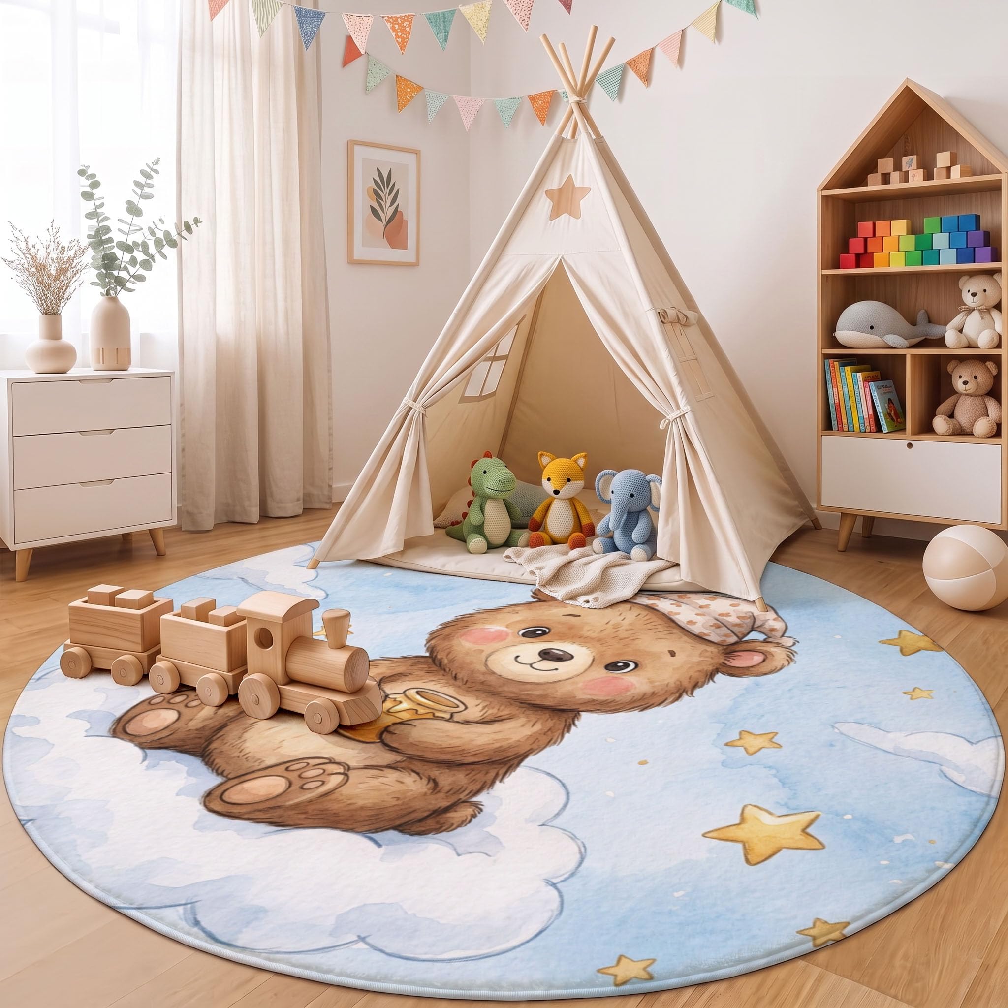 Tappeto Rotondo Nuvole Orso Bruno Stelle Tappeti | 180cm Salotto Lavabile in Lavatrice Antiscivolo Simpatici Animali Ad Acquerello Tappeto Cameretta Scendiletto Camera Da Letto Ufficio