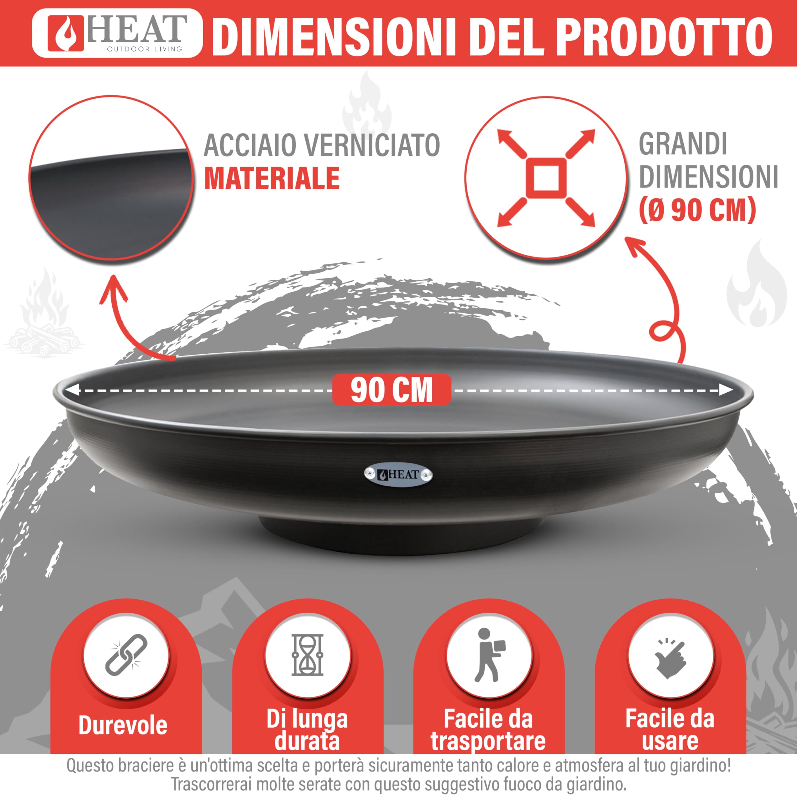 Ciotola Per Fuoco Diametro 90 cm Nero - Ciotola Per Barbecue Da Giardino - Fossa Per Fuoco All'aperto E Barile Per Fuoco - Riscaldatore In Acciaio Per Patio - 90x90x19cm