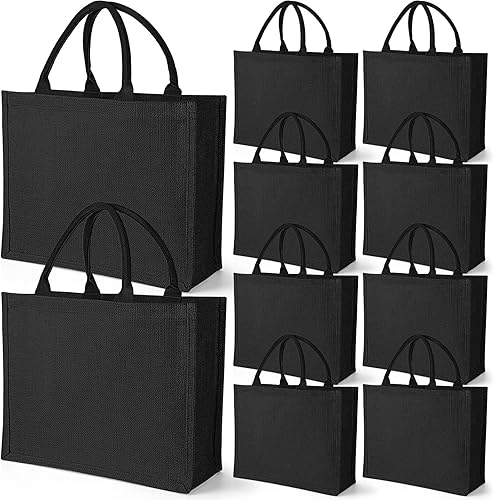 Paquete de 10 bolsas de arpillera negra para regalo de yute de boda con asas, bolsa de compras reutilizable grande para cocina, bolsas de