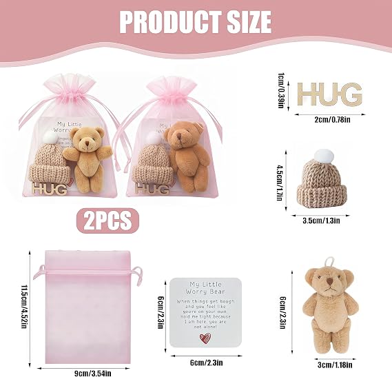 Worry Bear Pocket Bear Mini Plush Teddy Bears with Inspirational Card Pocket Sized Hug Present for Anxiety Relief Positive Good Luck Gifts for Friends Women Men for Christmas Birthday (Brown+Coffee)