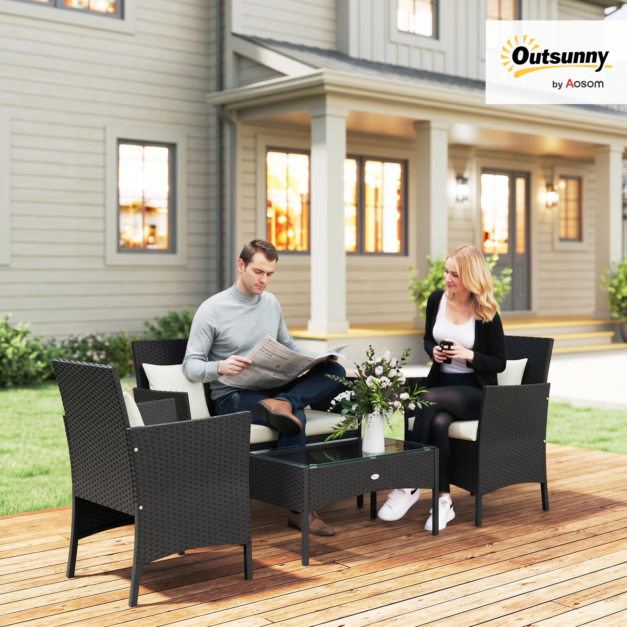Outsunny Set da Giardino 4 Pezzi in Rattan con Sedie e Tavolino, Nero e Crema