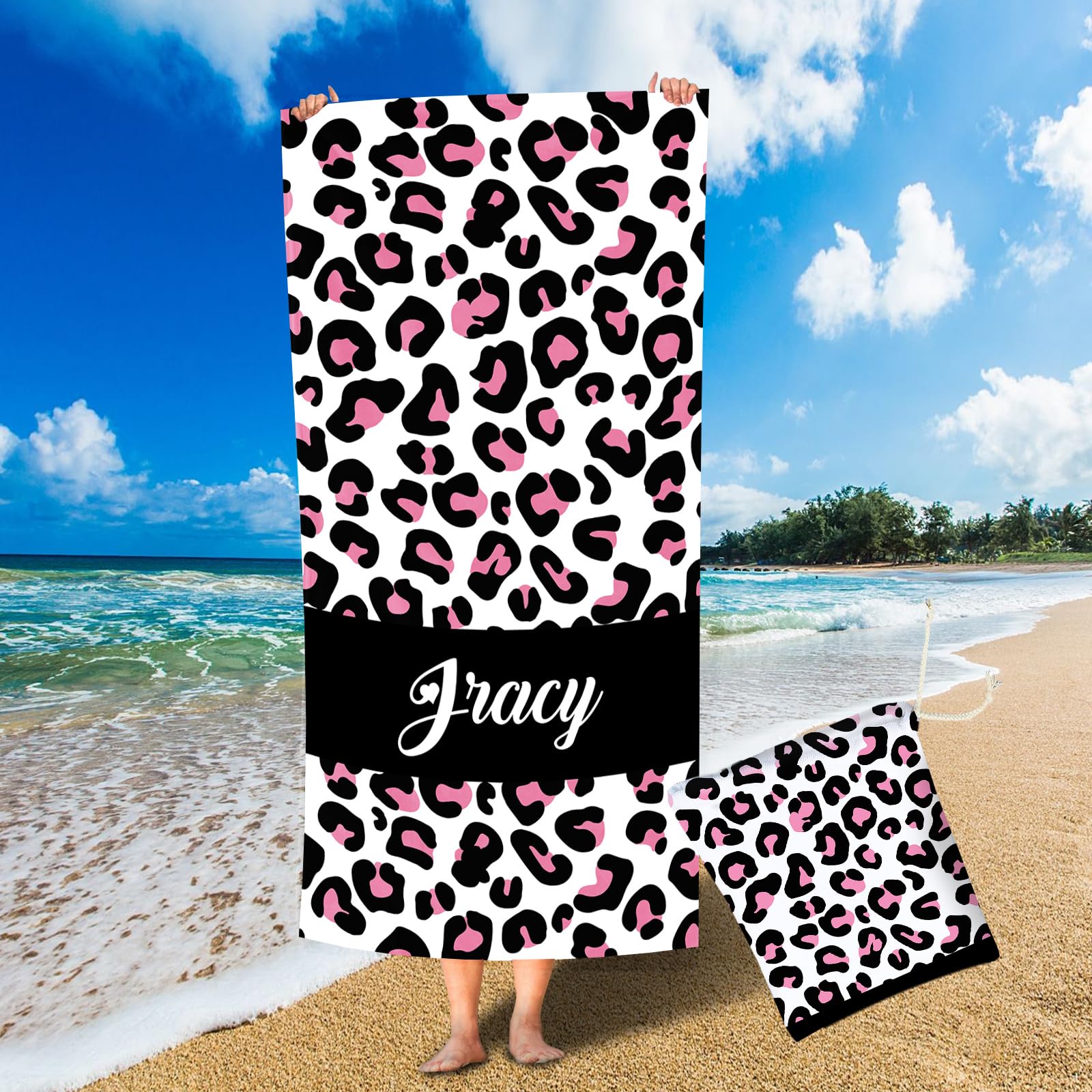 Duckbe Personalized Beach Towel with Bag, Pink Leopard Beach Towels Oversized Thick for Girls Women, Quick Dry Large Travel Sports Camping Towel for Swimming Pool