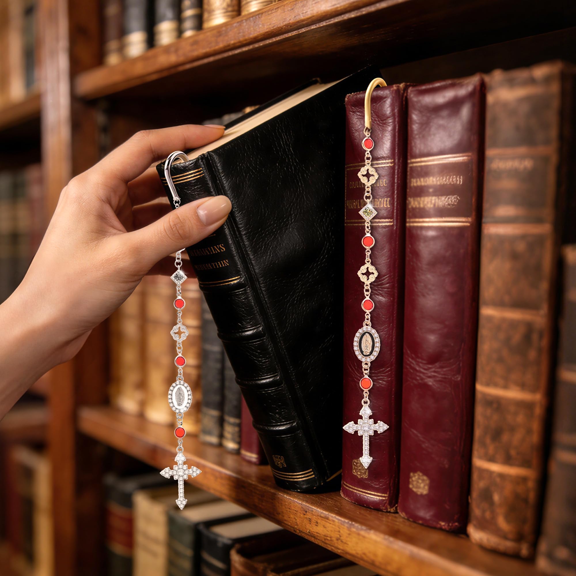 Litvana Vintage Metal Hook Bookmark, Dangling Bookmark with Cross and Virgin Mary Charms, Book Lovers Reader Bookish Baptism Gifts, Gold & Sliver