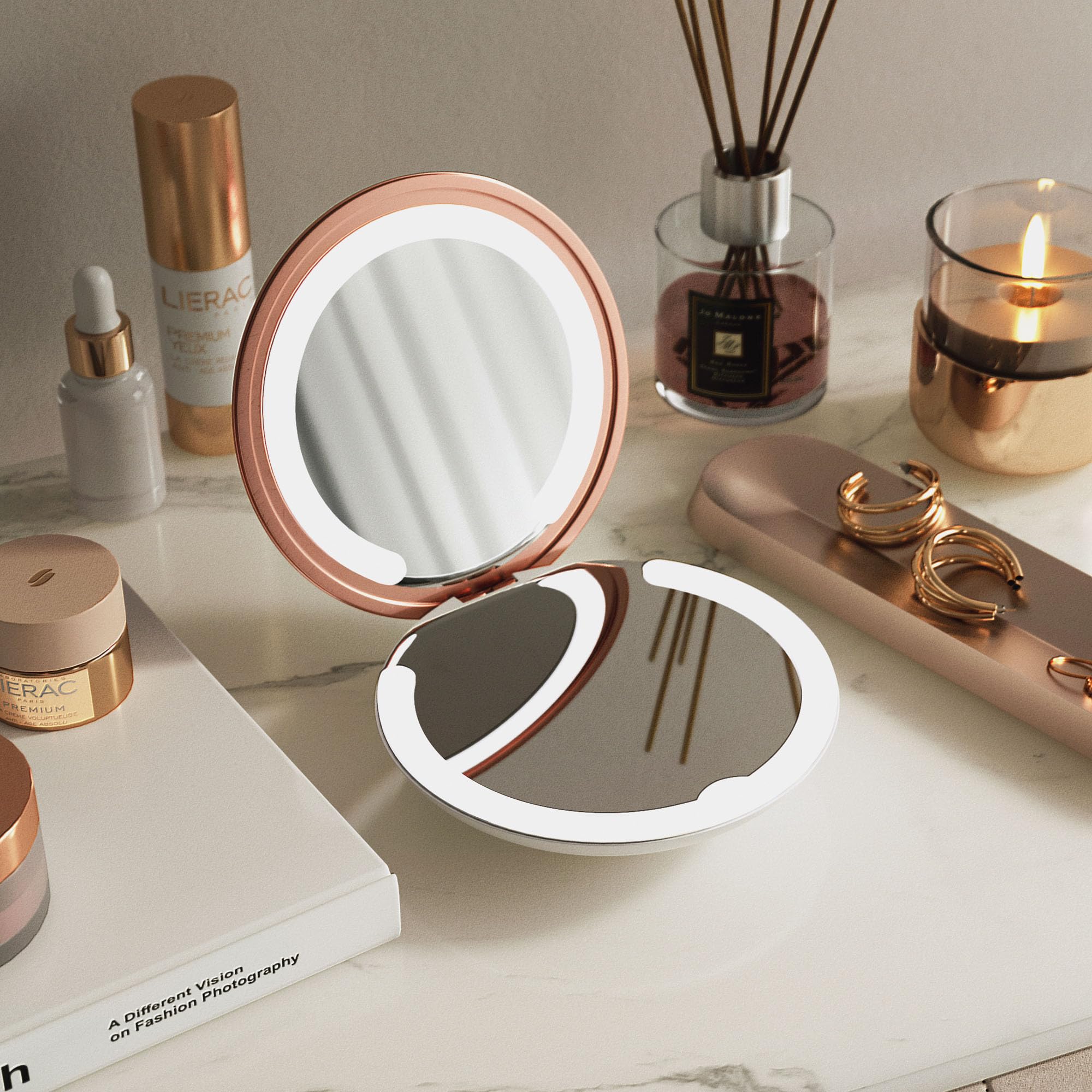 FABS Compact Makeup Mirror with LED Lights - Illuminated Handheld Folding Rosegold Vanity Portable Mirror - Rechargable