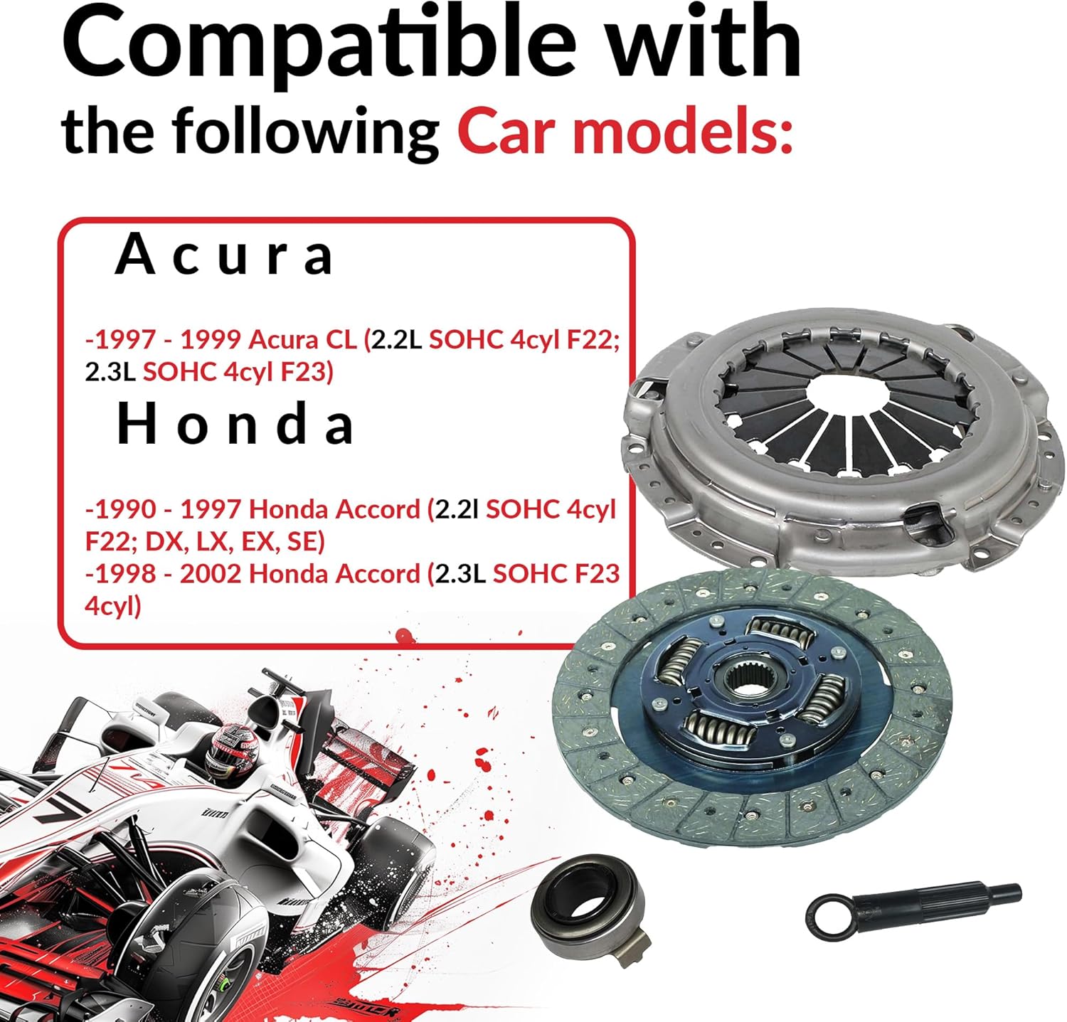 Clutch Kit Compatible With Cl Accord Prelude Dx Ex Lx Value Package Type SH VTEC 1990-2002 2.2L l4 2.3L l4 GAS SOHC 2.2L l4 GAS DOHC Naturally Aspirated (F22; F23; 08-014)