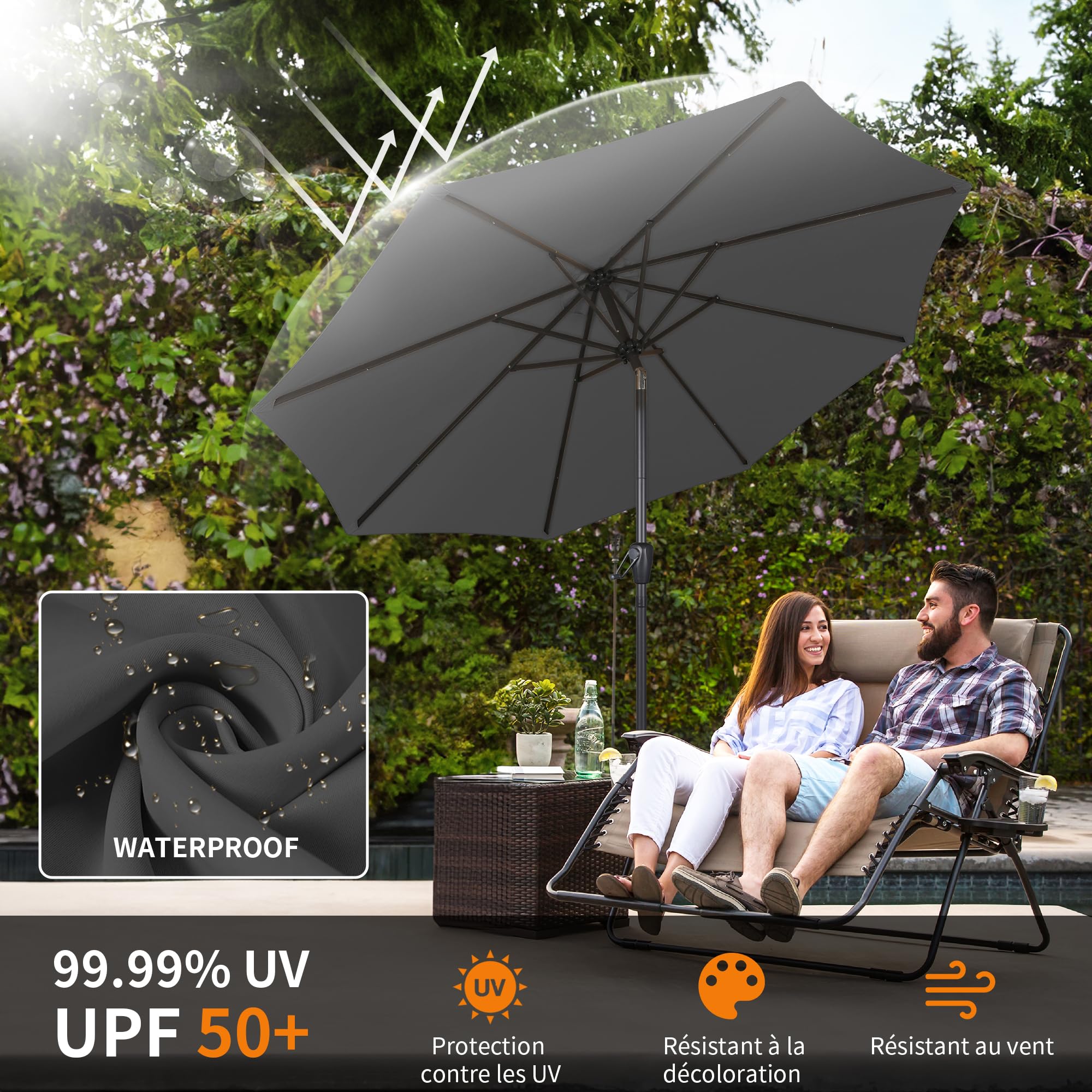 glucksteinhome market patio umbrella with led lights HOMEDEMO Outdoor Garden Parasol UV50+ Protection for Terrace, Balcony, Pool, Patio, 2.7 m, Dark Grey Garden 1264005 Schwinn Saddle Bags | Size:6 US Mens or backyard