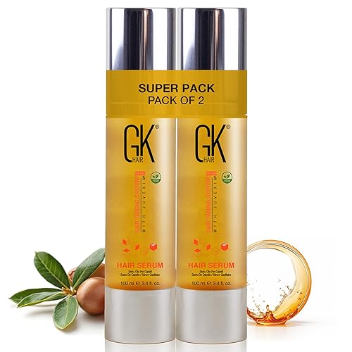GK HAIR Global Keratin - Suero para el cabello con aceite de argán 100% orgánico, antiencrespamiento, paquete de 2 (3.4 onzas líquidas/3.4 fl oz),