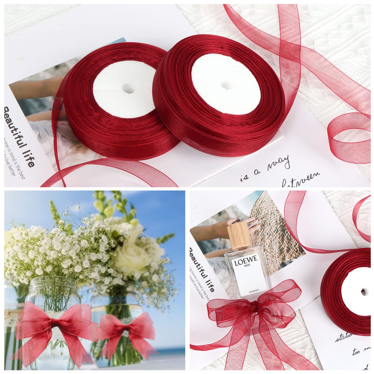 OWill 2 Rollen Geschenkband Weihnachten,20mm x 90m,Satinband rot,schleifenband Weihnachten,Transparente chiffonbänder weihnachtsbänder für geschenkverpackungen,Weihnachtsbaum,Schleifen
