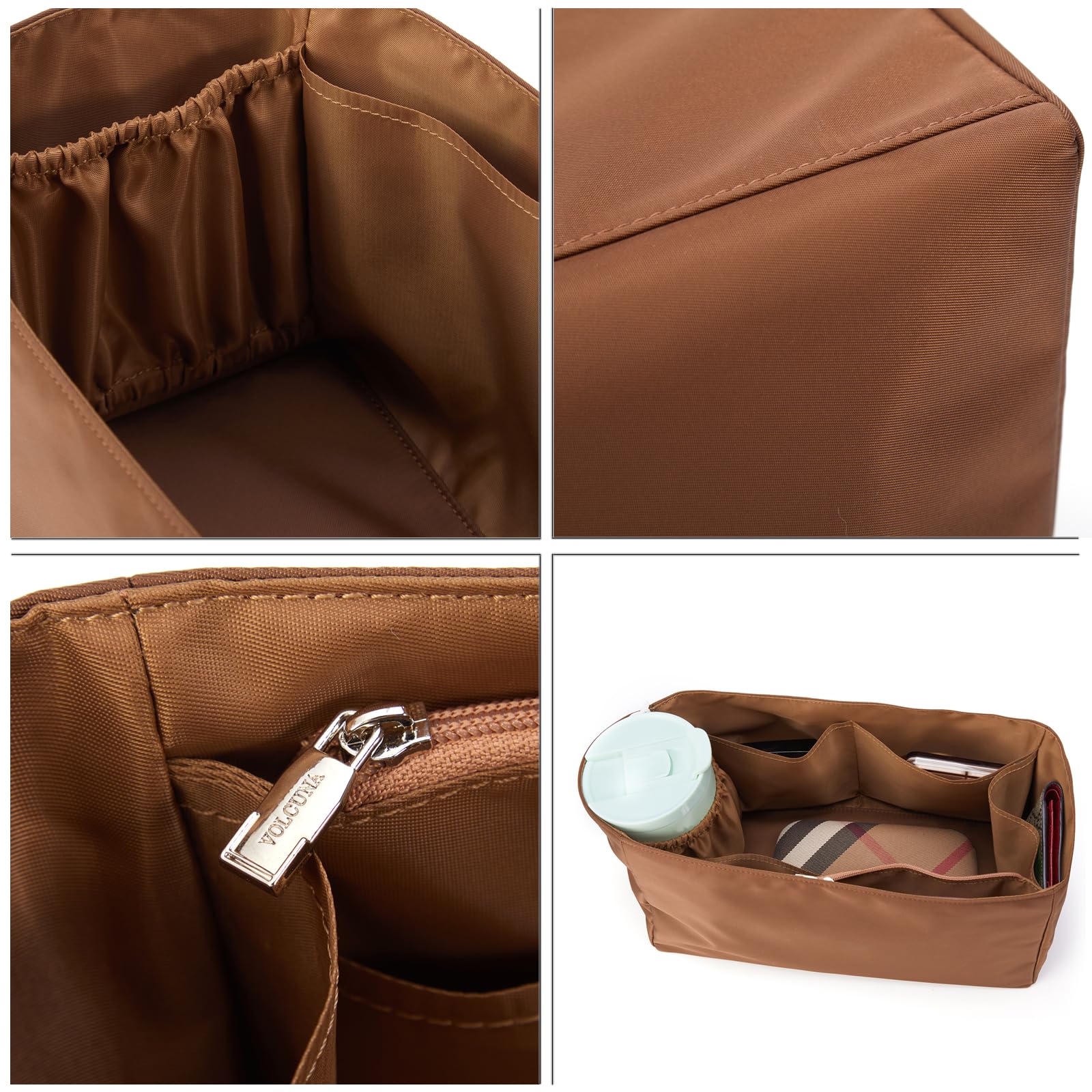 Organizador de nailon para bolso con moldeador de base (marrón, grande) | Volcuna Organizador resistente al agua para bolsas de mano, forro grande con portavasos y bolsa con cremallera