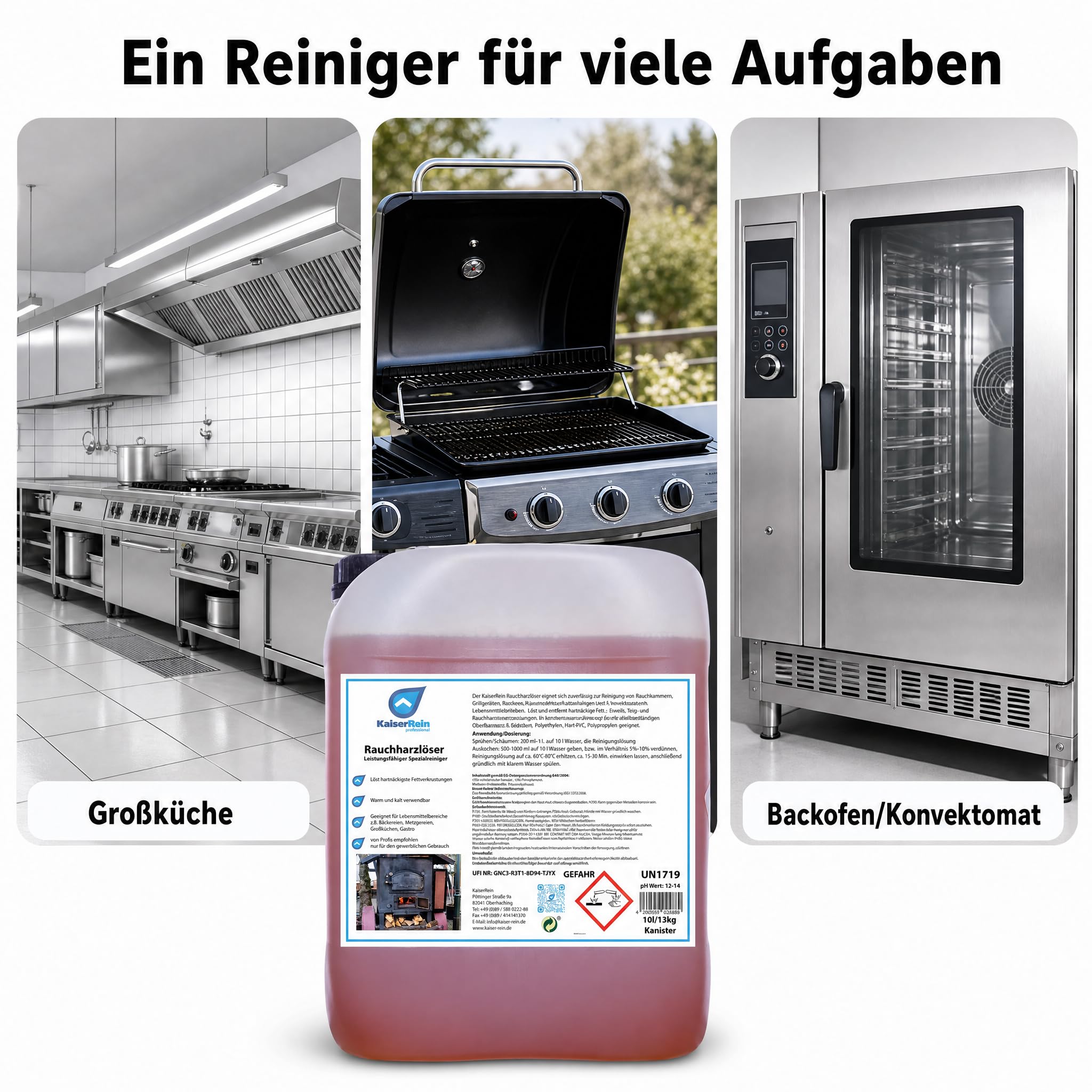 KaiserRein Grillreiniger Profi Rauchharzentferner, Backofenreiniger extra stark, 10-l-Kanister, schäumbar, warm/kalt, für Rauchkammern, Grills, Öfen, Konvektomaten, stark alkalischer Gastro-Reiniger