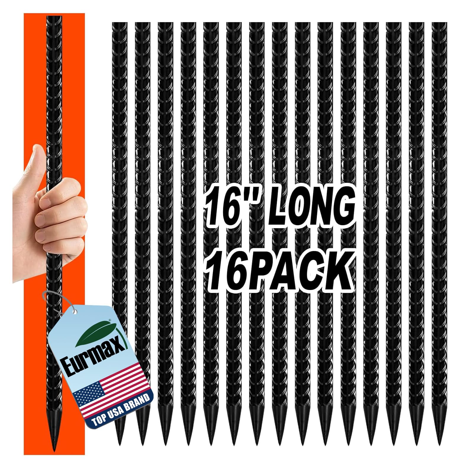 Eurmax USA 16-Pack 16 Inch Rust-Proof Steel Canopy Anchors for High Winds, Heavy Duty Rebar Stakes, Chisel Point Metal Ground Stakes for Camping,Garden,Concrete Forming,Underground Anchoring