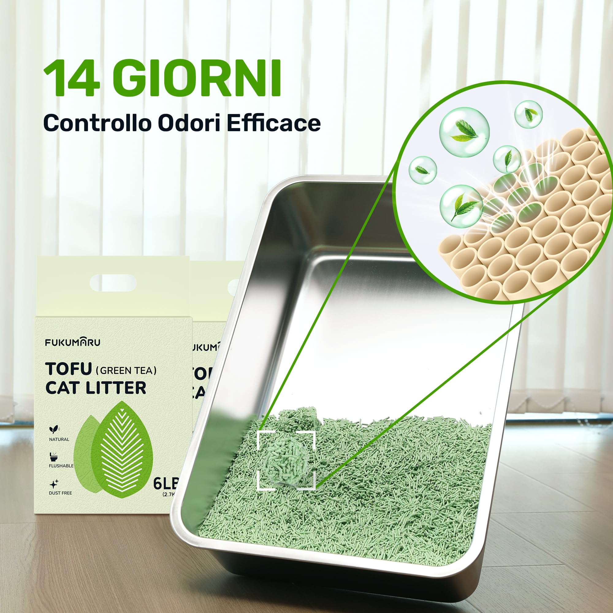 FUKUMARU Lettiera per Gatti al Tofu 10,8 kg - Lettiera Agglomerante per Gatti, Controllo degli Odori con Aroma di Tè Verde, Senza Polvere e Facile da Agglomerare, Smaltibile nel WC.