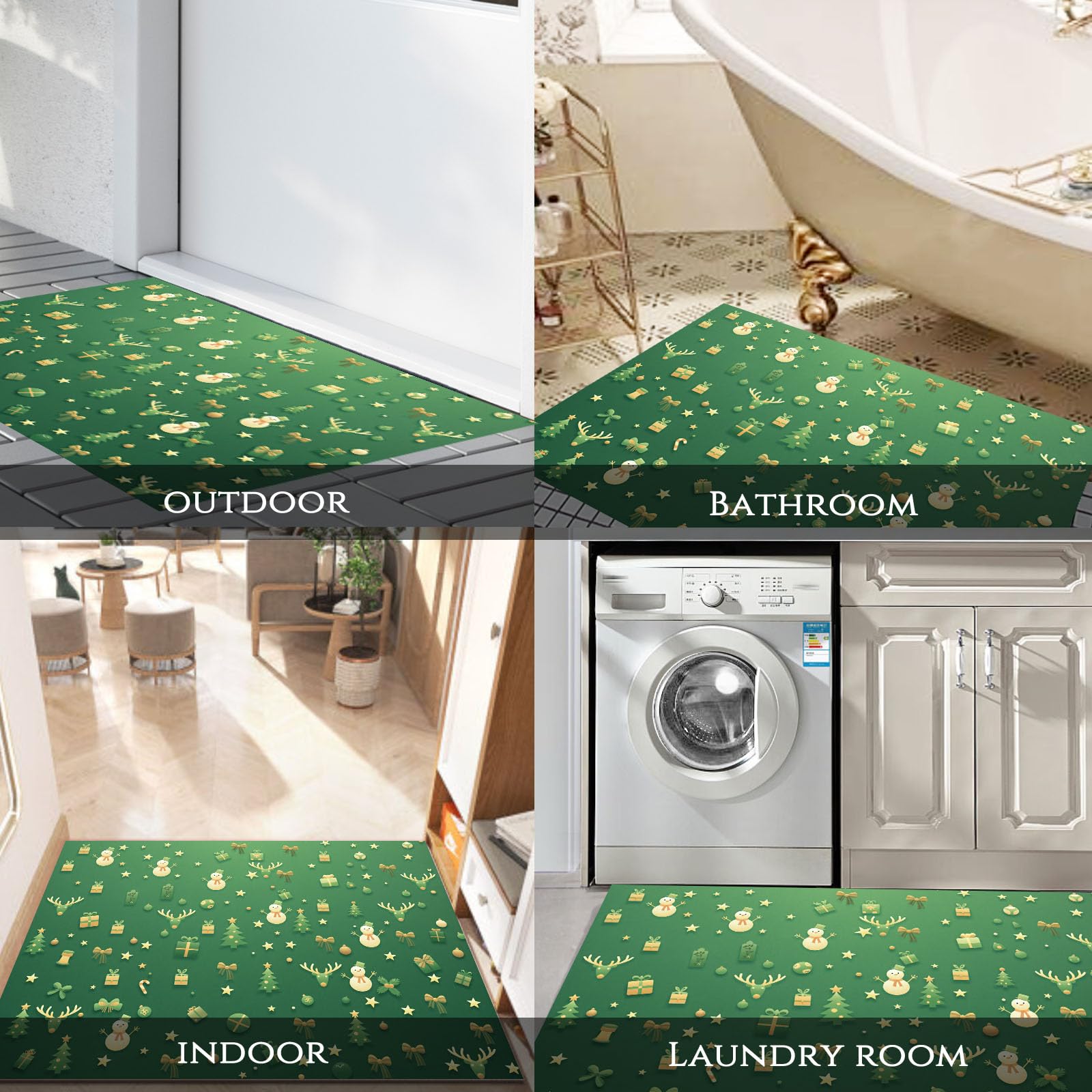 Alfombra Entrada Casa 60x120cm Felpudo Absorbente Muñeco Nieve Reno Y Regalos Alfombra Exterior para Puerta Icono Navideño Alfombrilla Antideslizante Atrapapolvo para Puerta, Pasillo, Jardín, Verde