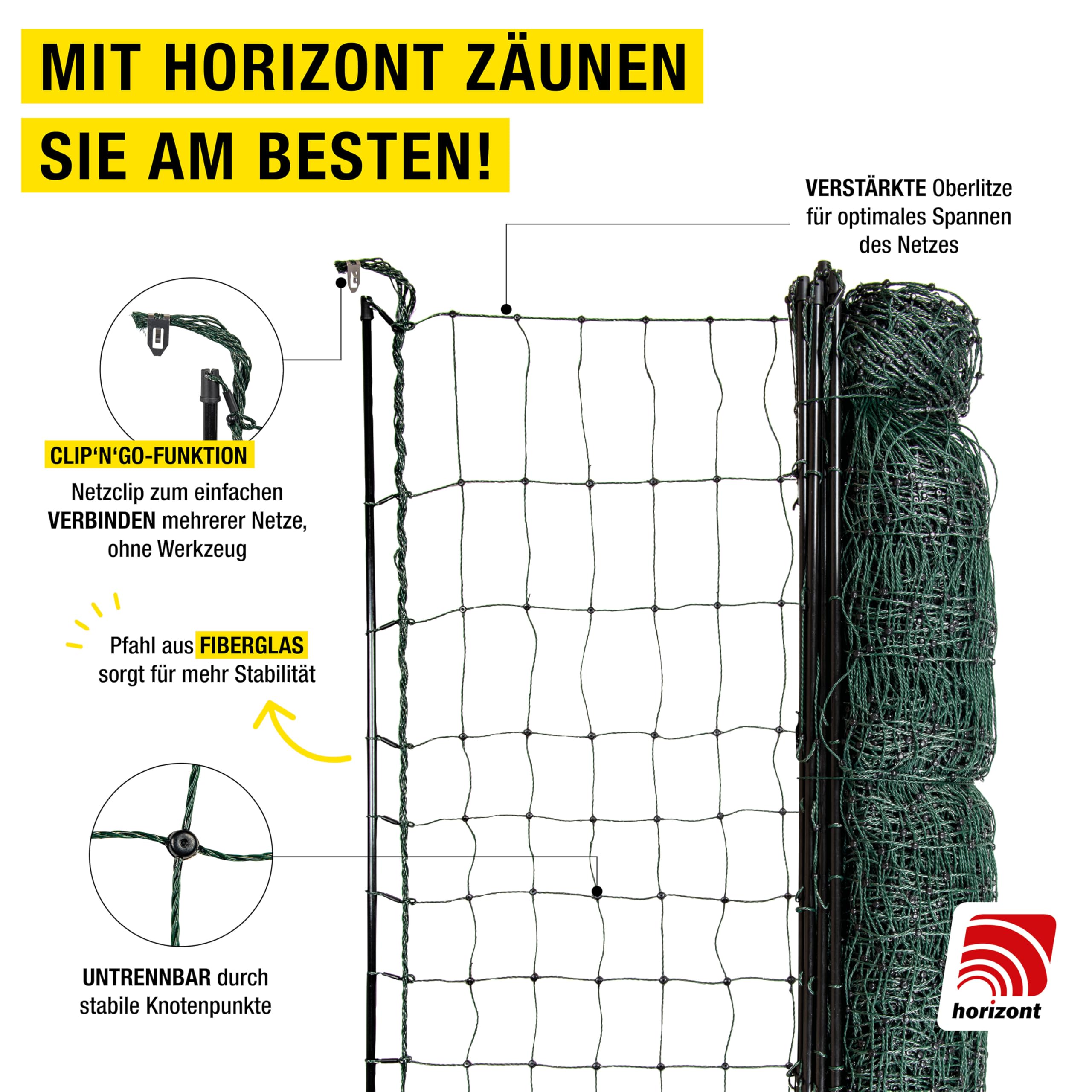 horizont strongLine Camping Hundezaun 50m lang, 120cm hoch - 15 Fiberglaspfähle Doppelspitze ohne Strom, grün, Zaun für Hunde, mobiler Zaun für Garten, Hof & Camping