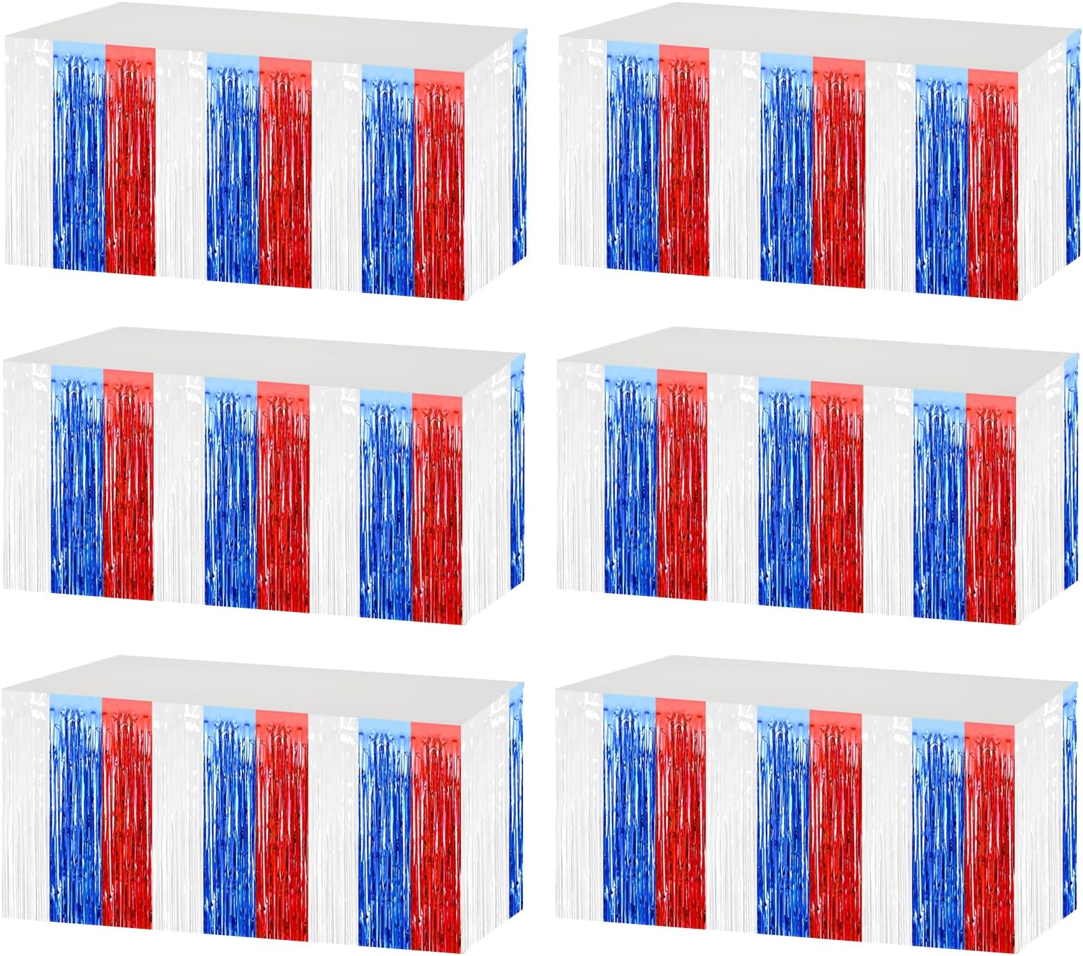 6 Pack 29x108 Inch Red Blue White Metallic Foil Fringe Tinsel Table Skirts for Rectangle Tables Streamer Curtains Backdrop for Wedding, Birthday, Parade Floats, Mardi Gras, Carnival Party Decoration
