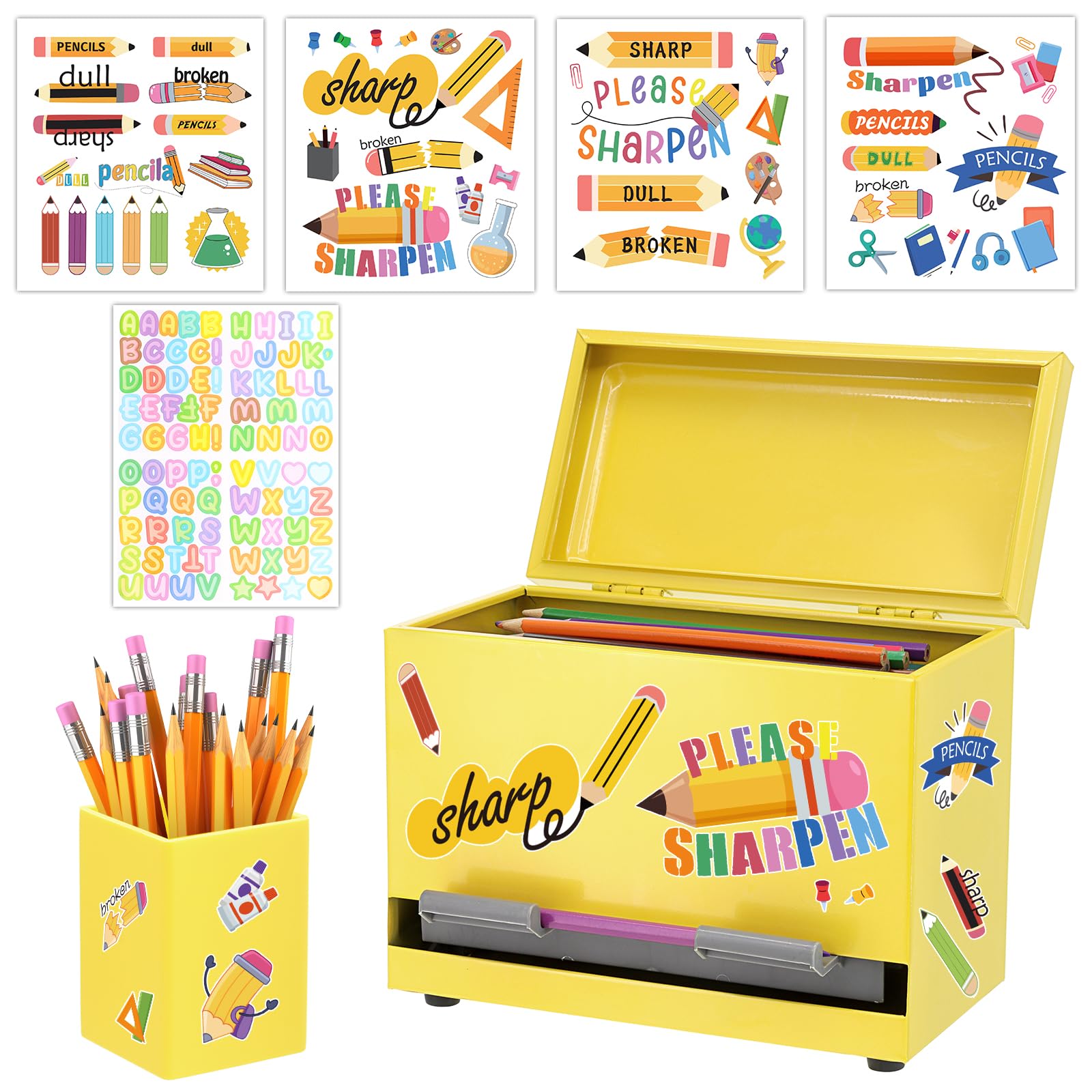 Stiftespender für Klassenzimmer, Edelstahl, Stifthalter für den Schreibtisch, Bleistiftspender-Set mit Silikon-Organizer und 5 Aufklebern, Schulanfang, Klassenzimmer, Muss für Lehrer, Gelb
