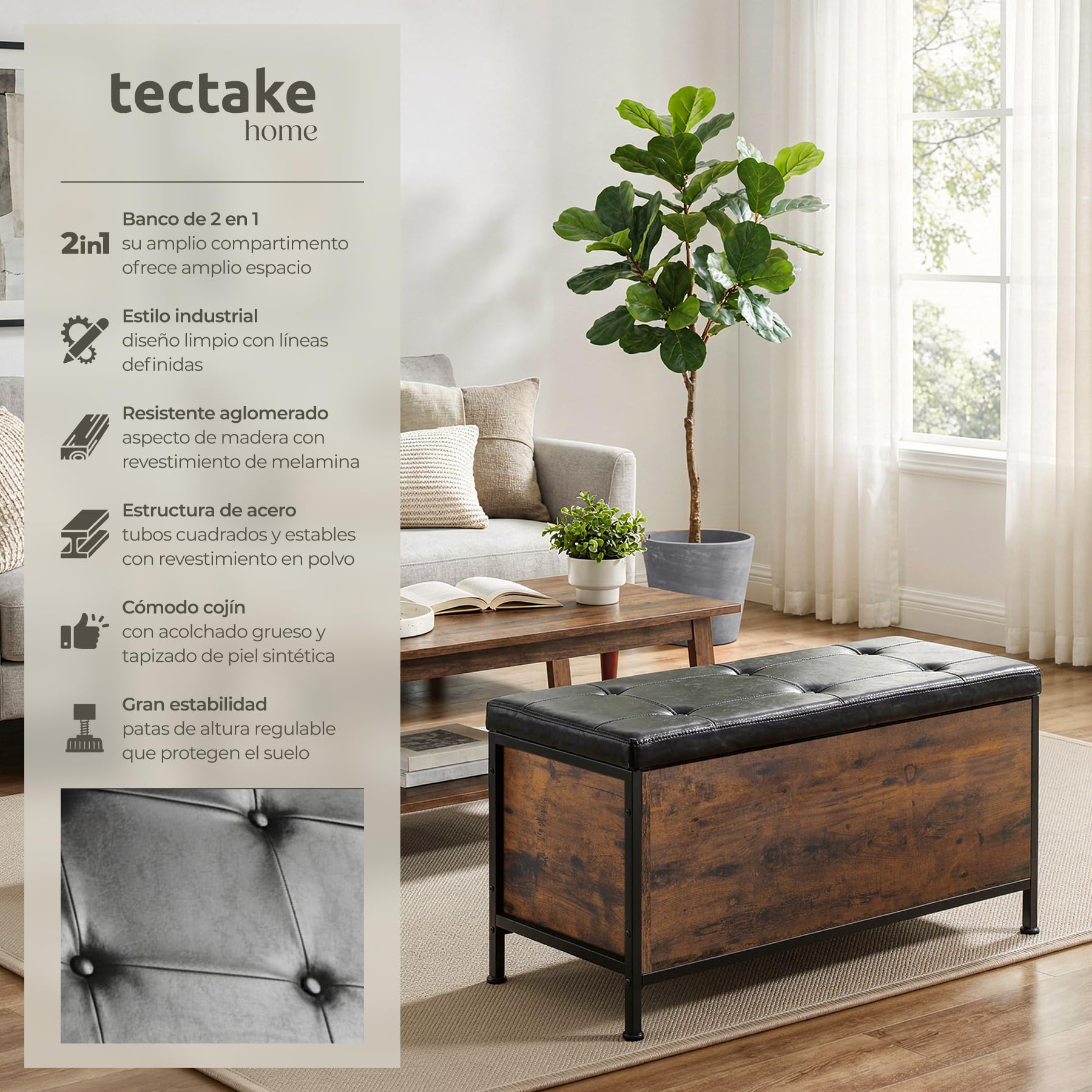 tectake® Arcon Acolchado Estilo Industrial, Puff Almacenaje, Baul Almacenaje Dormitorio, Mueble Salon, Decoracion Habitacion - 81,5 x 41,5 x 50,5 cm Madera Industrial Oscura, Rústica