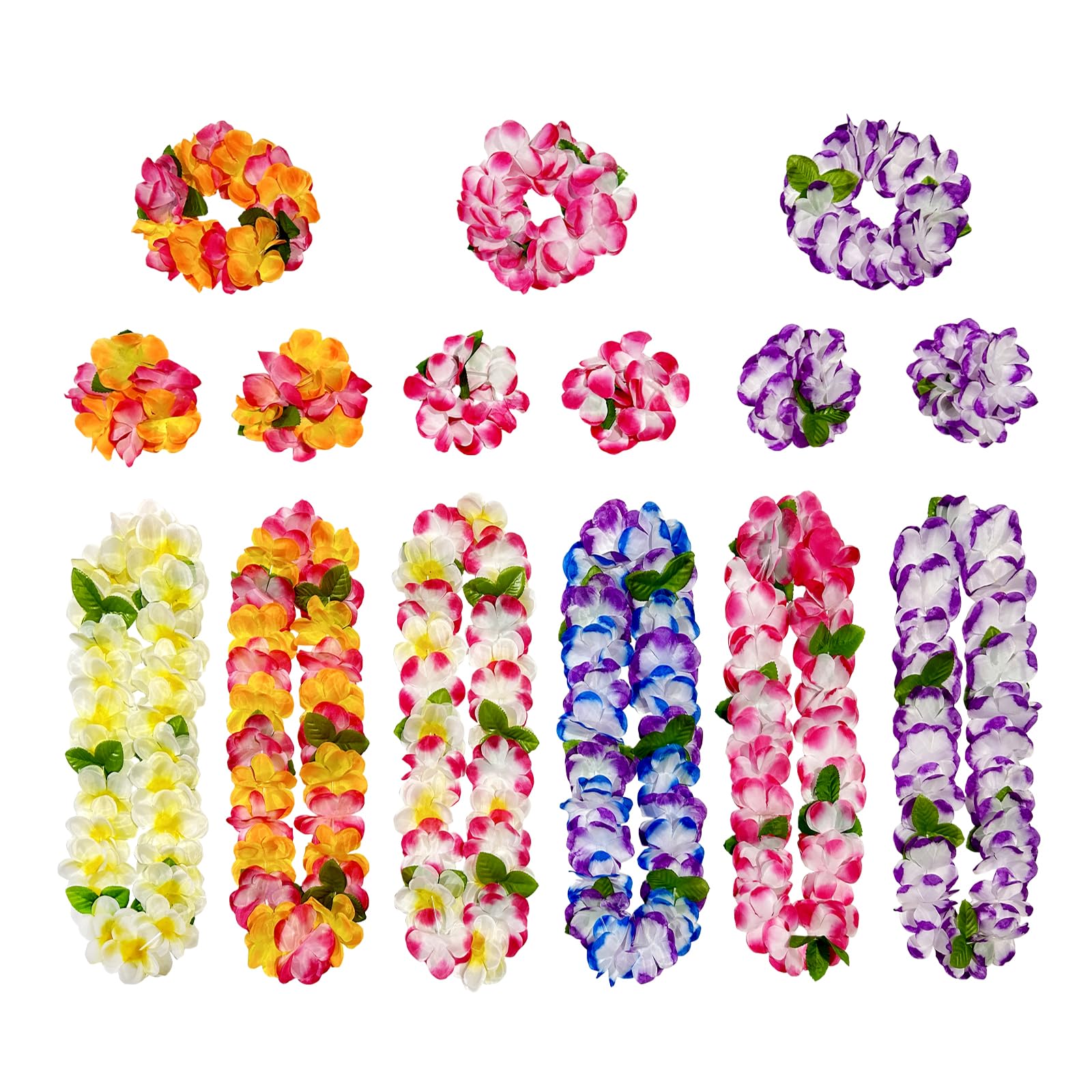 FreshDear 15-Piece Hawaiian Leis Set: 6 Necklaces + 3 Headbands + 6 Wristbands for Luau Party, Beach Vacation,Themed Celebrations