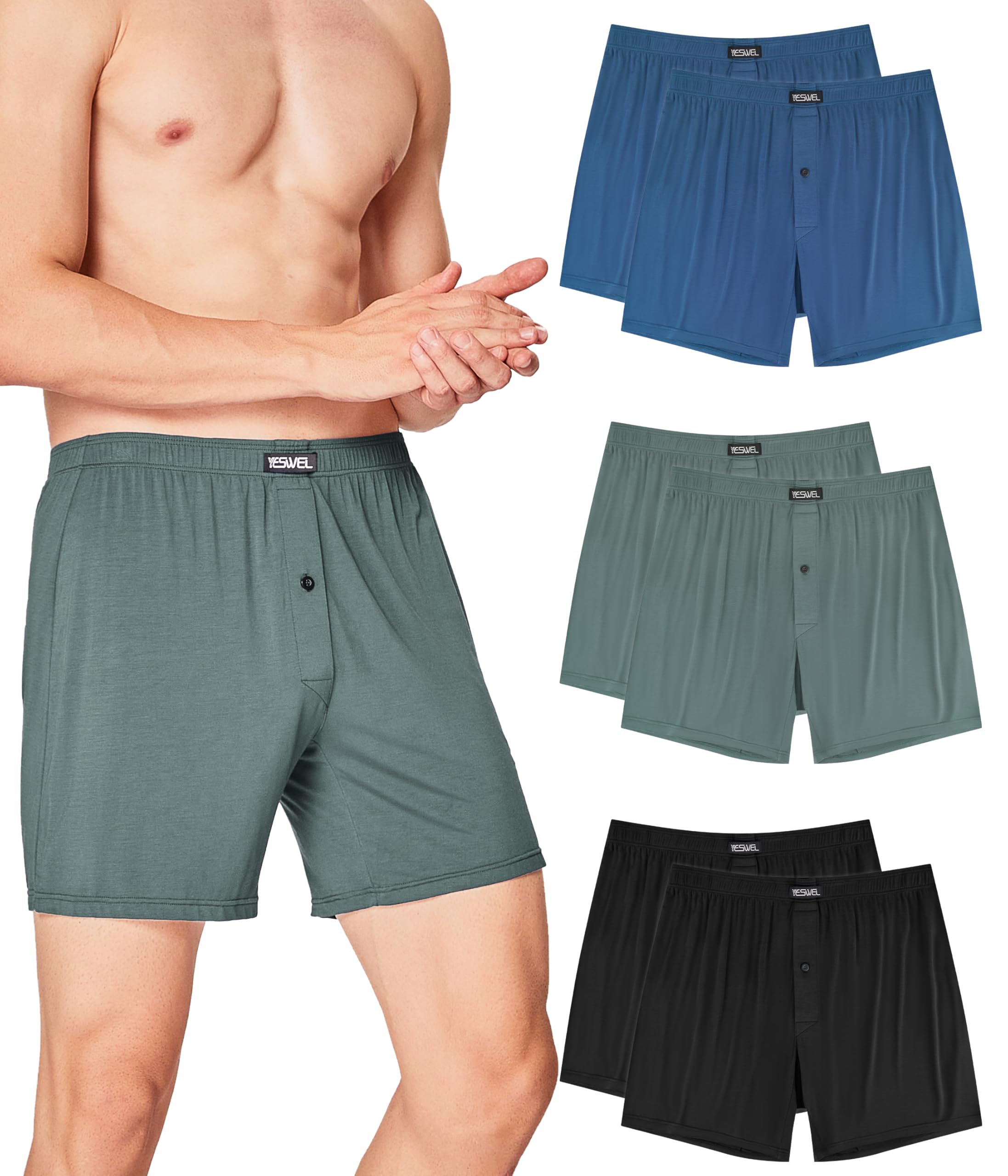 YESWEL Bambus Boxershorts Herren，6er Pack Atmungsaktive Unterhosen Männer, Lockere Retro Unterwäsche mit Eingriff (M -3XL)