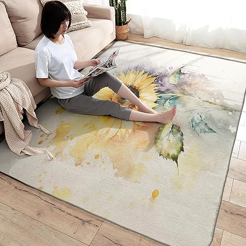Miniatura 4 de Alfombra de área de girasol de 3 x 5 pulgadas, alfombra floral de acuarela, alfombras lavables para decoración de sala de estar y dormitorio,