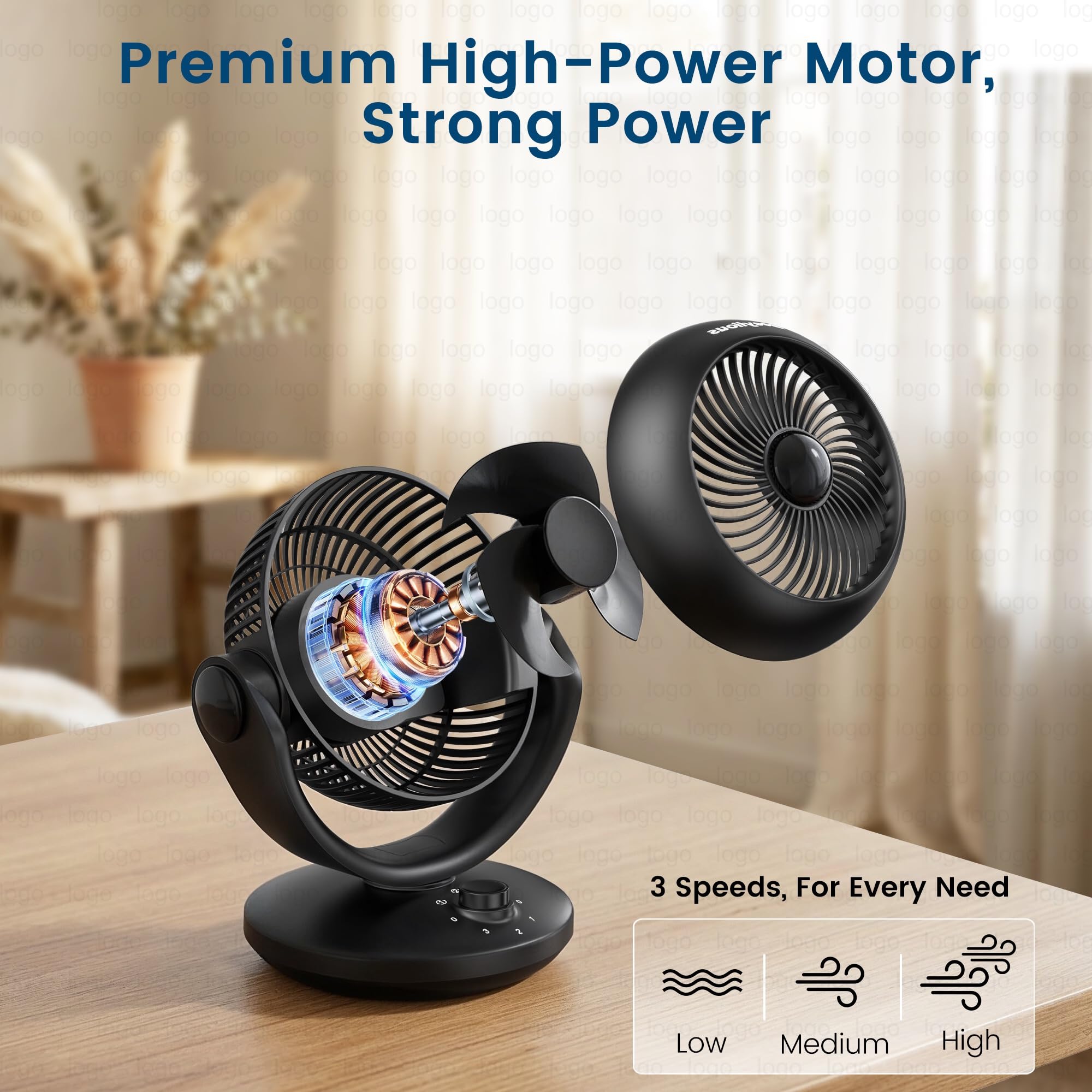 Ventilator Leise, 22dB Tischventilator sehr Leise, Fan mit 3 Geschwindigkeiten 100/70° Verstellbare Neigung für 20m² Räume, Kraftvoll 3D Turbo Ventilatoren für Büro, Schlafzimmer, Schwarz