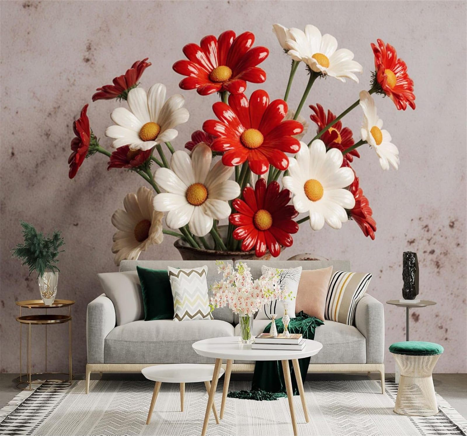 XLMING Beautiful Red and White Bouquet Rustic Metal Jug Vintage Art 3D Wallpaper Silky Texture Home Study Office Grey Dining Room Sofa Bedroom Living Room TV Backdrop-150cm×105cm