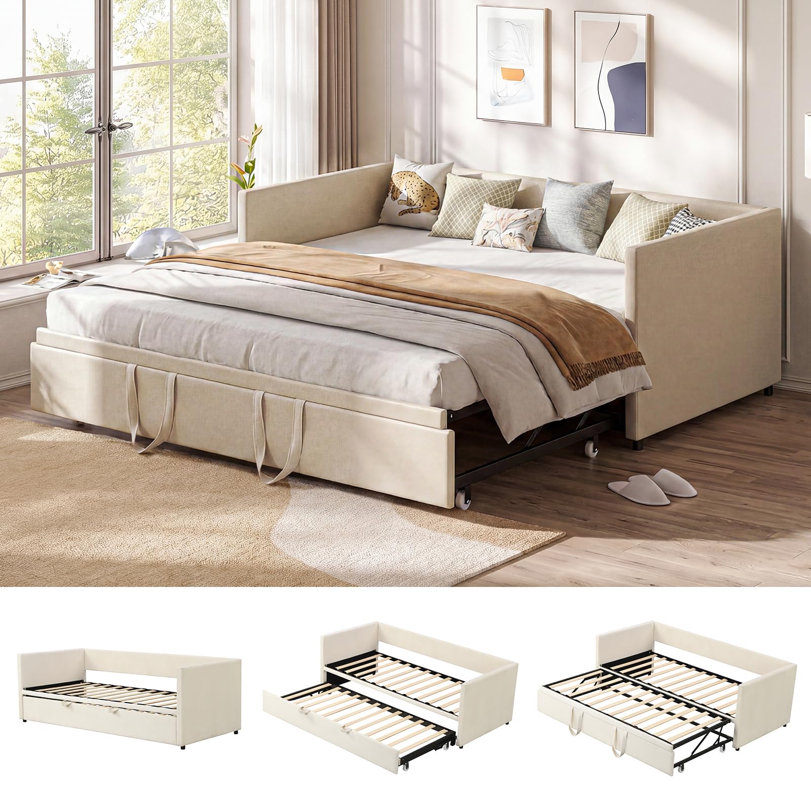 Cama de día extensible 90 x 200/180 x 200 – Sofá cama tapizada con cama plegable y somier de láminas, sofá cama doble de terciopelo beige, sin colchón