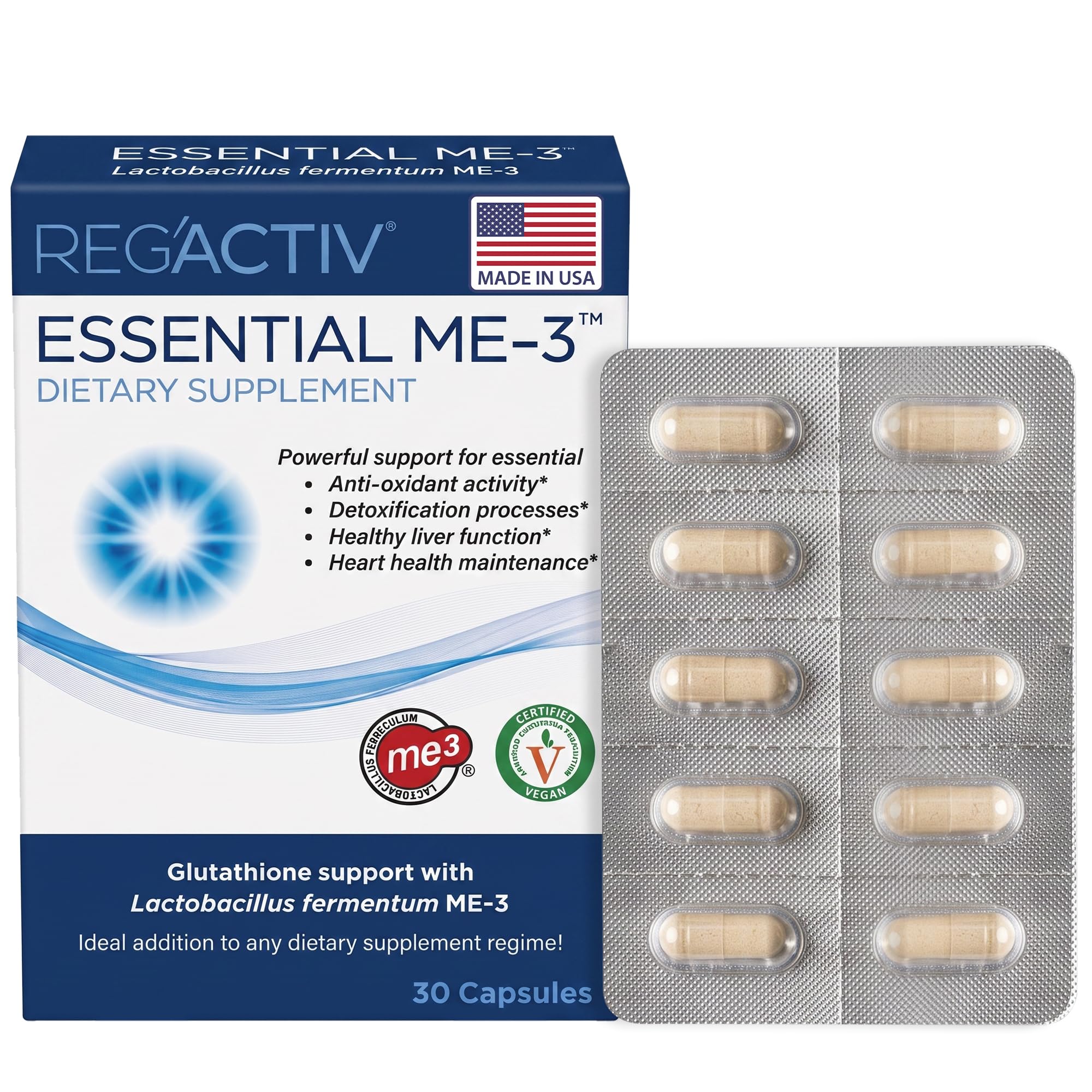 Reg'Activ Essential ME-3, 30 Capsules. A Glutathione-producing Probiotic that Delivers Glutathione to the Intestine for Efficient Guthatione Supplementation : Health & Household