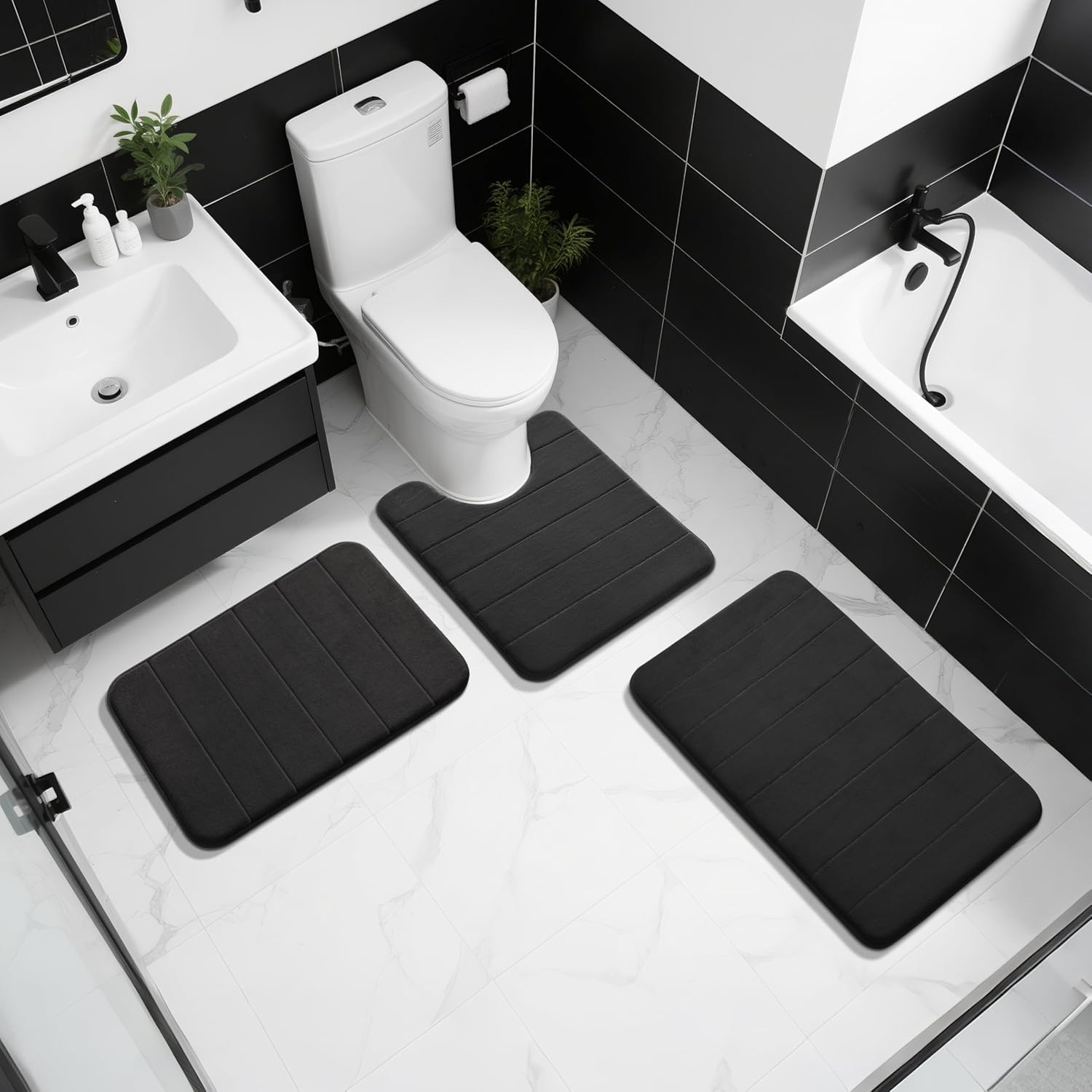 Memory Foam Bath Mat, Super Soft Absorbent Bathroom Rug Non Slip, Quick Dry, Machine Washable Floor Carpet for Tub Shower, Home Decor Accessories, 24x17, Black