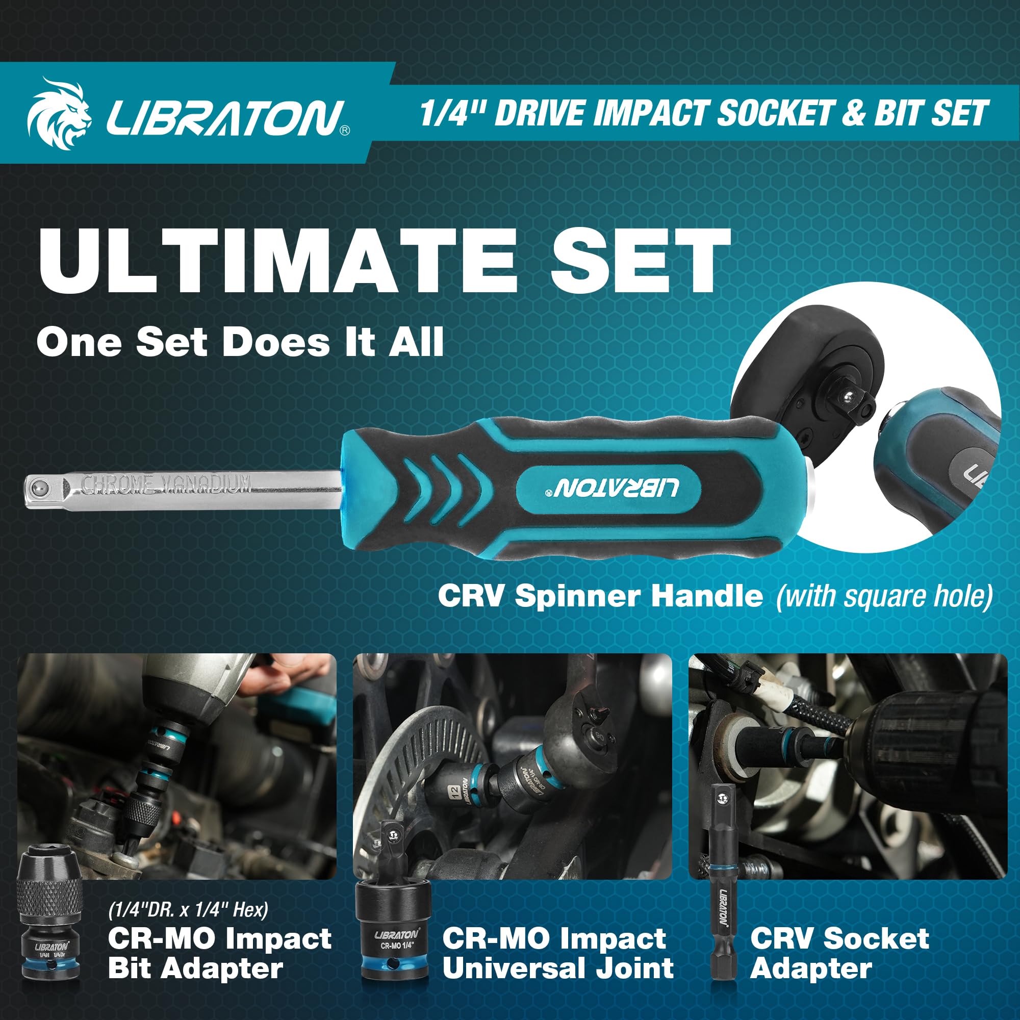 LIBRATON 71 PCs Juego de Llaves de Vaso y Puntas 1/4", Llaves de Impacto Métricos(4-15MM) y SAE(5/32-9/16"), Dados de Impacto CR-V, Puntas Destornillador S2, Carraca de 90 Dientes, Mango Giratorio