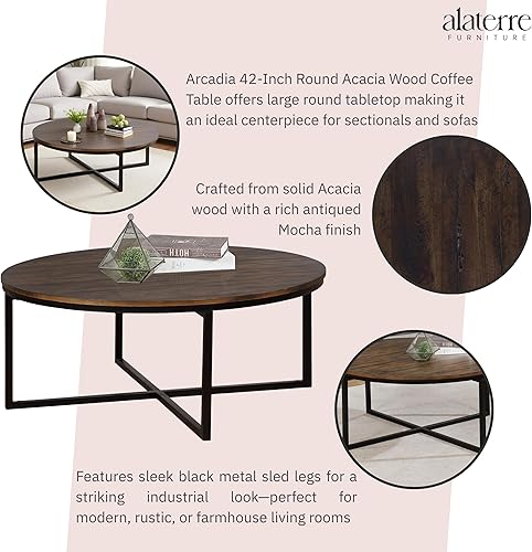 Miniatura 4 de Alaterre Furniture Arcadia - Mesa de centro redonda de madera de acacia de 42 pulgadas, mesa industrial para sala de estar con acabado moca