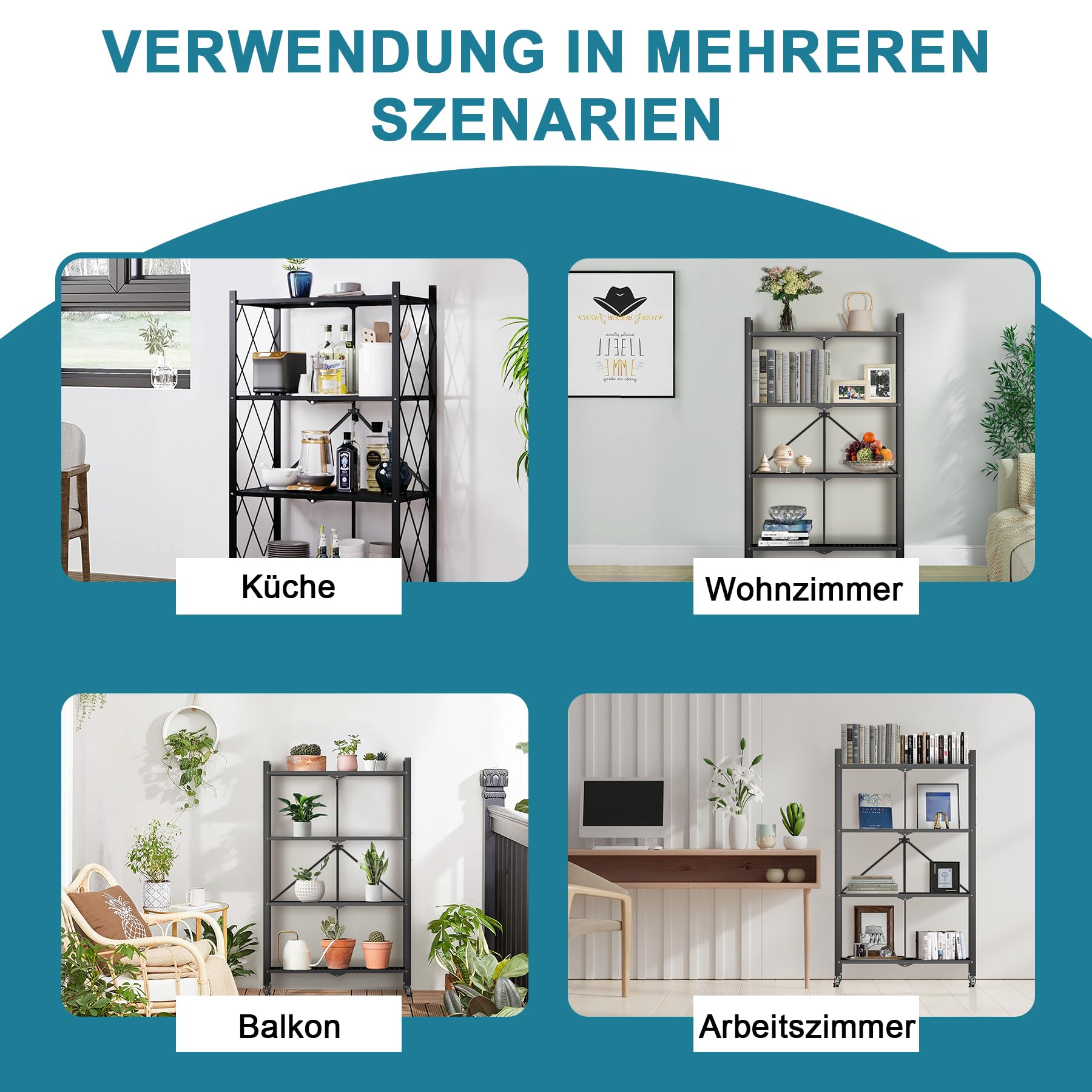 Klappbares Regal mit Rollen Küchenregal stehend 4 Etagen Standregal Metallregal Schwarz 71x34x121cm Klappbares Regal Lagerregal für die Küche Büro Wohnzimmer 1 Set