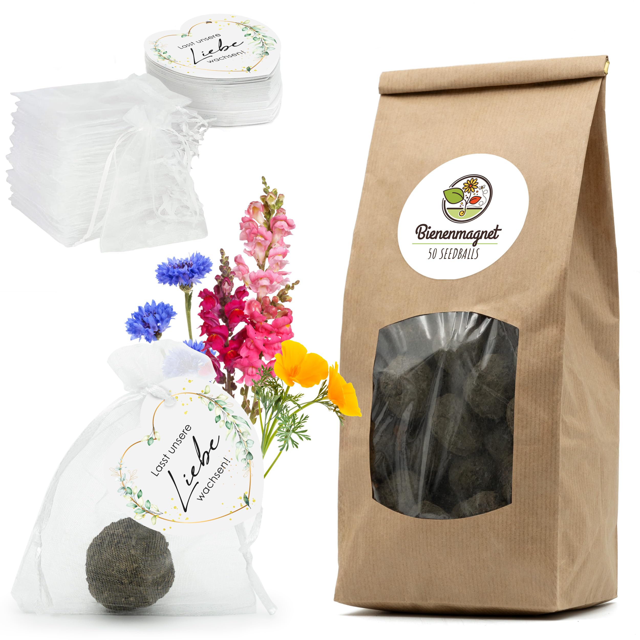 Regalos para invitados para bodas Semillas de flores Bombas de semillas - Regalo especial de boda para invitados como regalo - Haz crecer nuestro amor Juego completo (juego de 50)