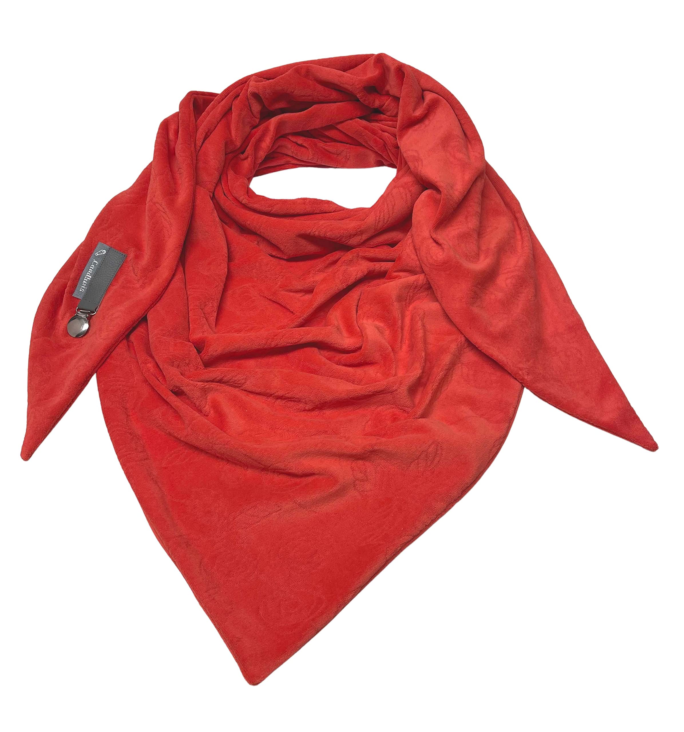handmade - Handgefertigtes Dreieckstuch in rot aus Baumwoll-Nicki – mit Rosenmuster & Clip-Verschluss – romantisches Tuch für Damen