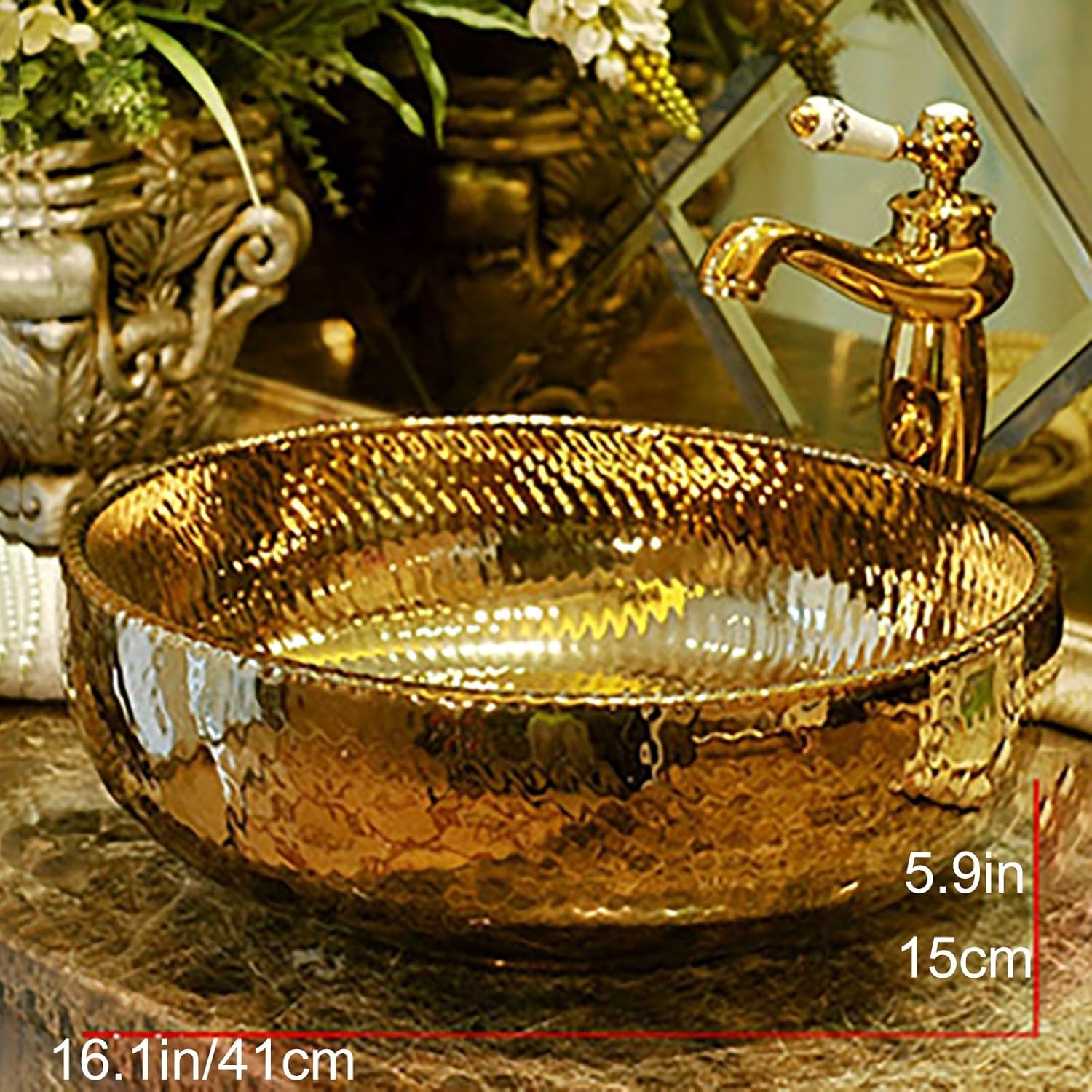 ゴールデンリップルセラミックバスルームベッセルシンク、バスルームバー洗面台、手描きのカウンタートップシンク、蛇口と排水アセンブリ付き  タッチレスバスルームベッセル蛇口 電子センサー 自動ウォーターフォール ホワイトゴールド バスルーム蛇口 ハンズフリー 節水 ...