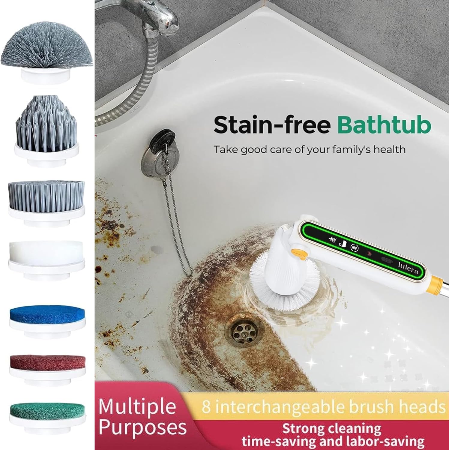 Smart Electric Spin Scrubber PRO| 2025 New Upgraded Quiet Cordless Shower Scrubber with 8 Replaceable Brush Heads|IPX7 Waterproof for Bathroom Tile Grout Kitchen Oven & Floor|Powerful and Efficient