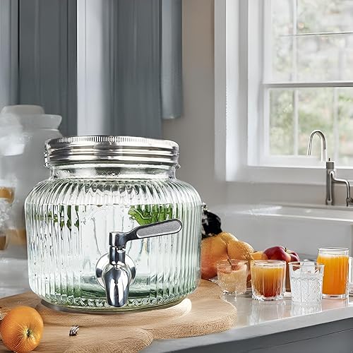 Miniatura 8 de Dispensador de bebidas de vidrio dorado de 0.8 galones (2.8 litros) para refrigerador con espita, boquilla y tapa de acero inoxidable dorado, tarro