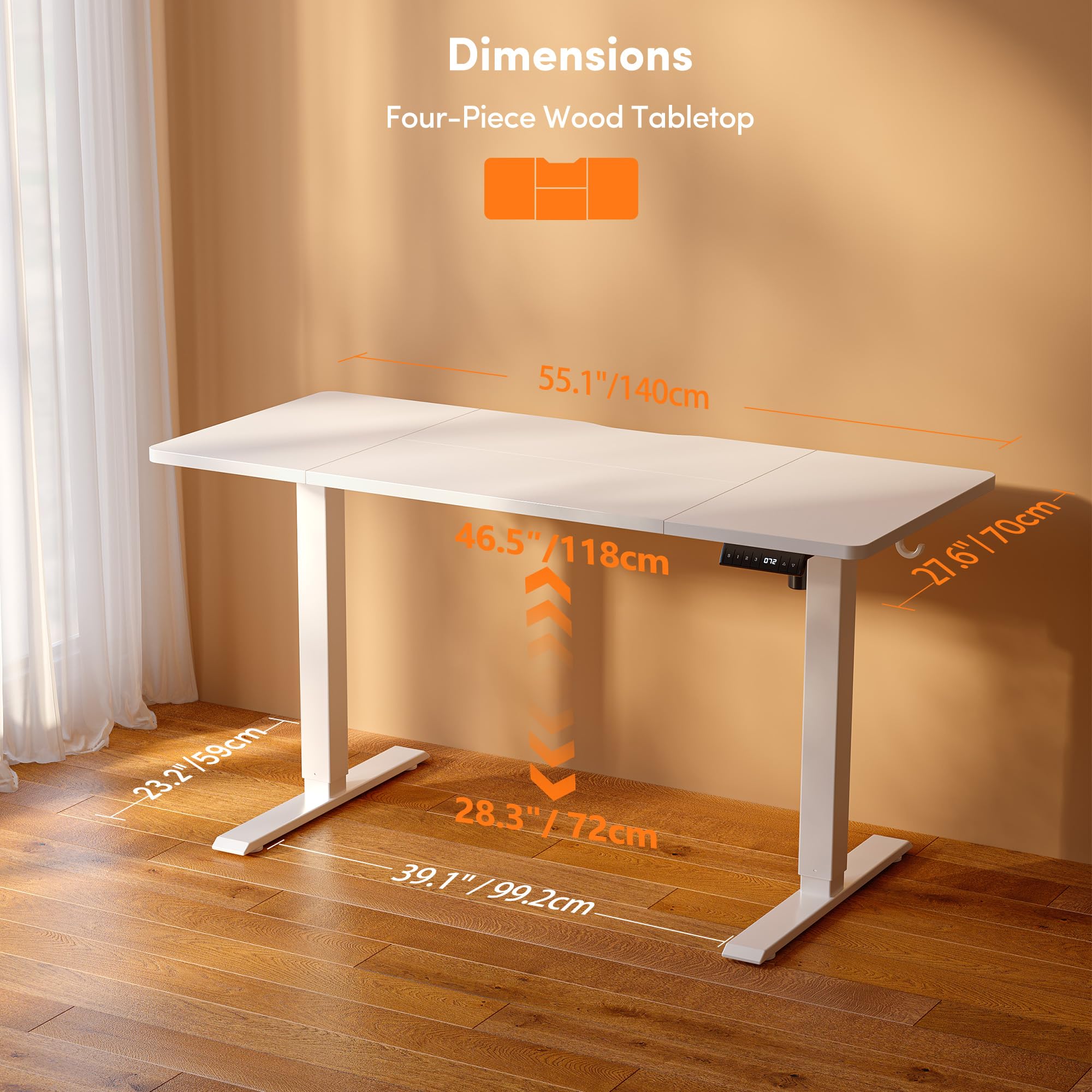 FEZIBO Höhenverstellbarer Schreibtisch mit USB-A und USB-C Ladeanschluss, 140 x 70 cm Schreibtisch Höhenverstellbar Elektrisch, Steh-Sitz Tisch, Standing Desk, Weiß