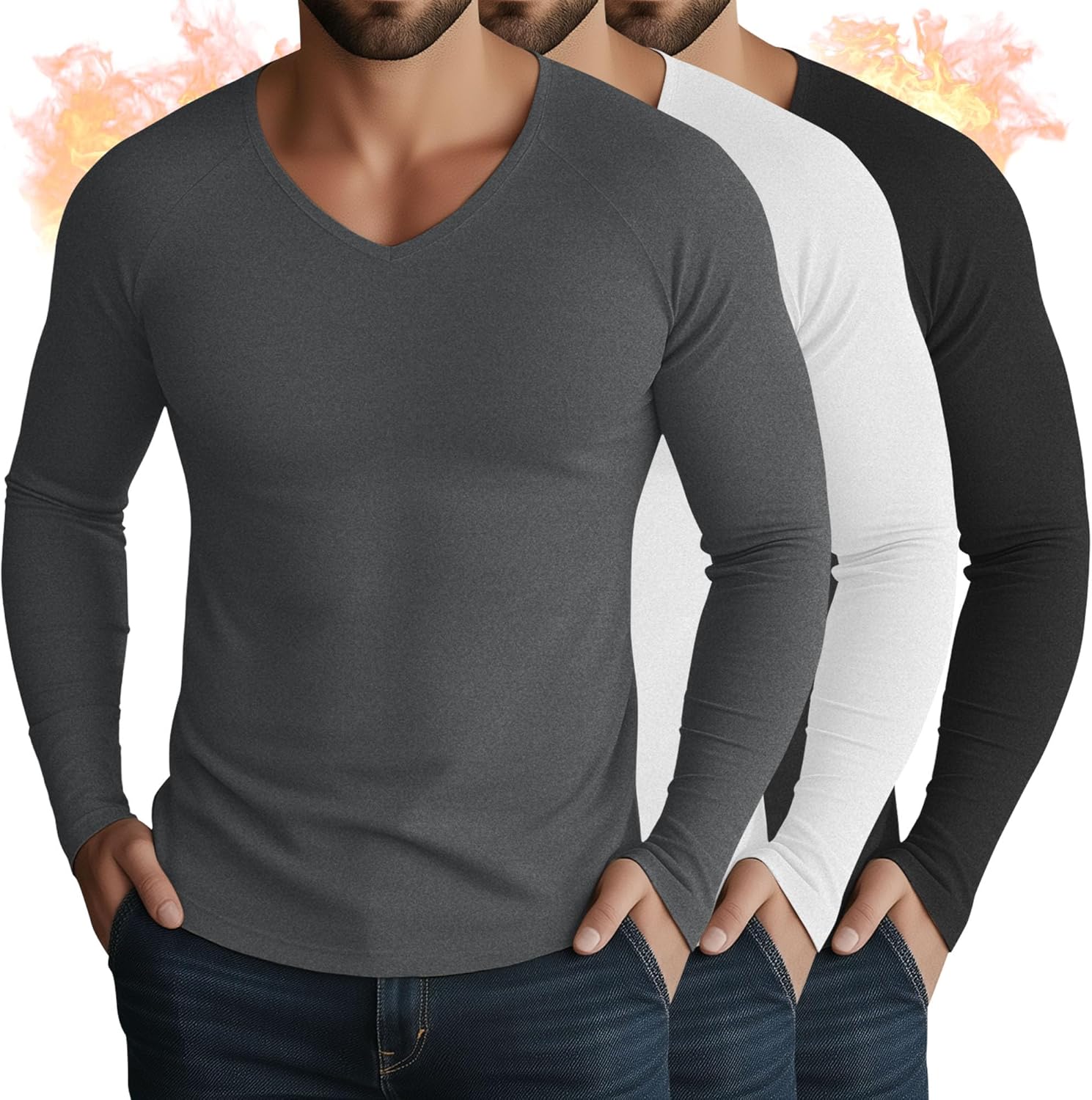 3 Pack Men's Thermal Shirts Big and Tall Fleece Lined Long Sleeve V Neck Base Layer Raglan Curved Hem Warm Tops