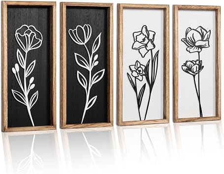 3D Black and White Floral Wall Art Set of 4 Lightweight, Wooden Ready-to-Hang Framed Wall Art for Bedroom, Bathroom, Living Room, or Office Textured Boho Farmhouse Decor Gift-Boxed