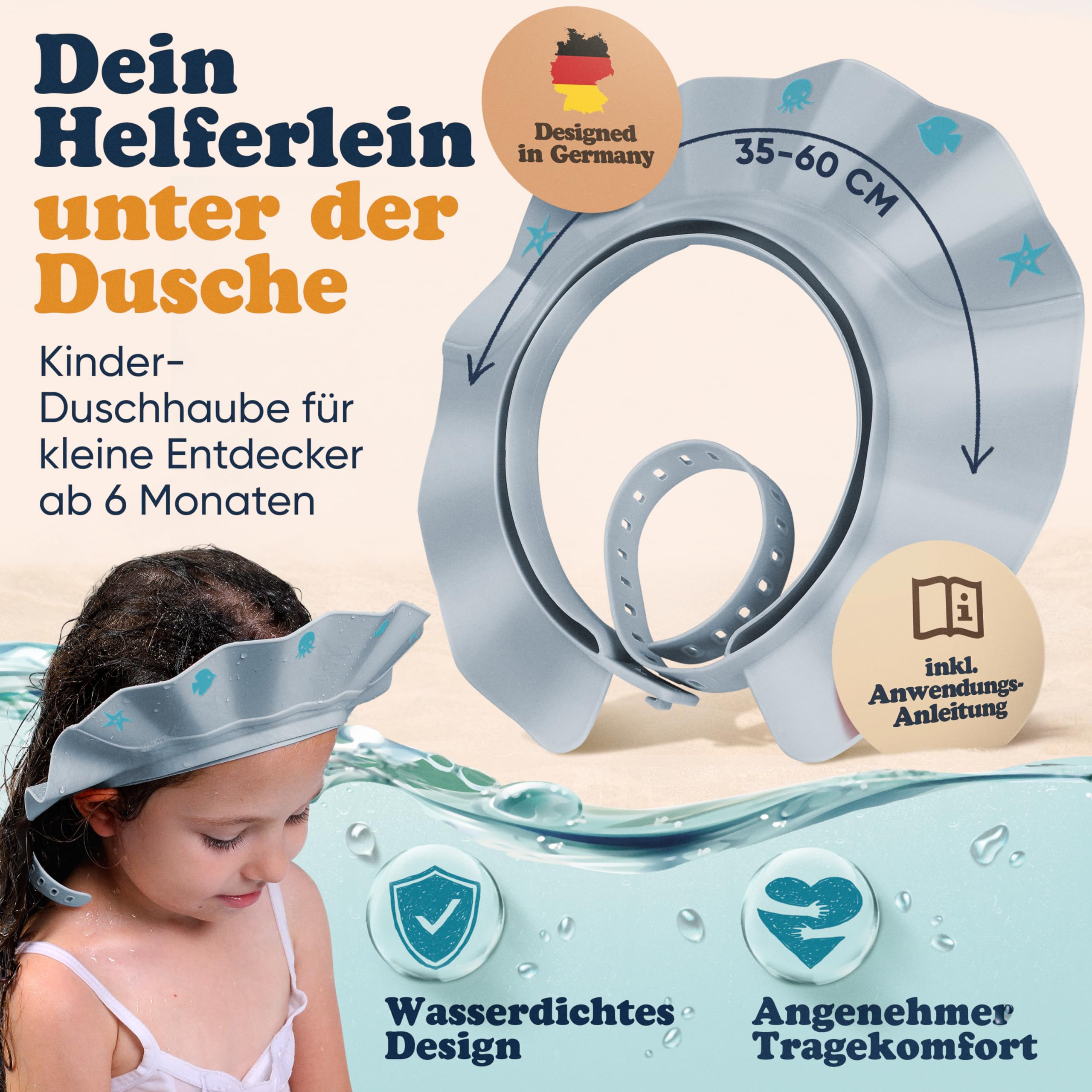 Cuffia da doccia per bambini – blu – estremamente impermeabile e piacevole comfort – aiuto per lavare i capelli bambini con tecnologia di chiusura extra leggera