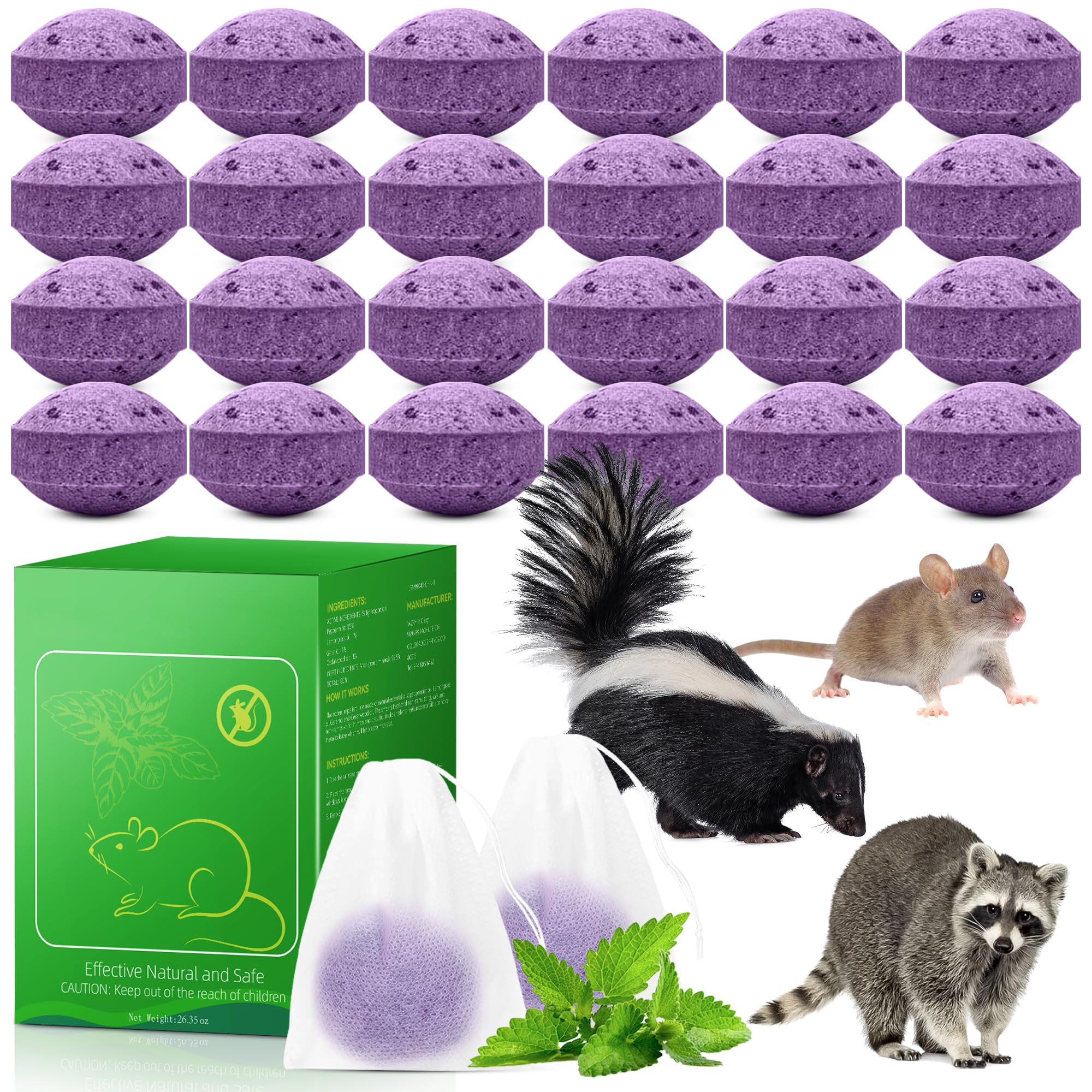 24 Pcs Skunk &amp; Mouse Repellent Outdoor, Natural Peppermint Rodent Deterrent for Mouse, Mice, Skunk, Raccoon, Keep Skunk Away from House, Motor Campers, Attic, Humans &amp; Pets Safe