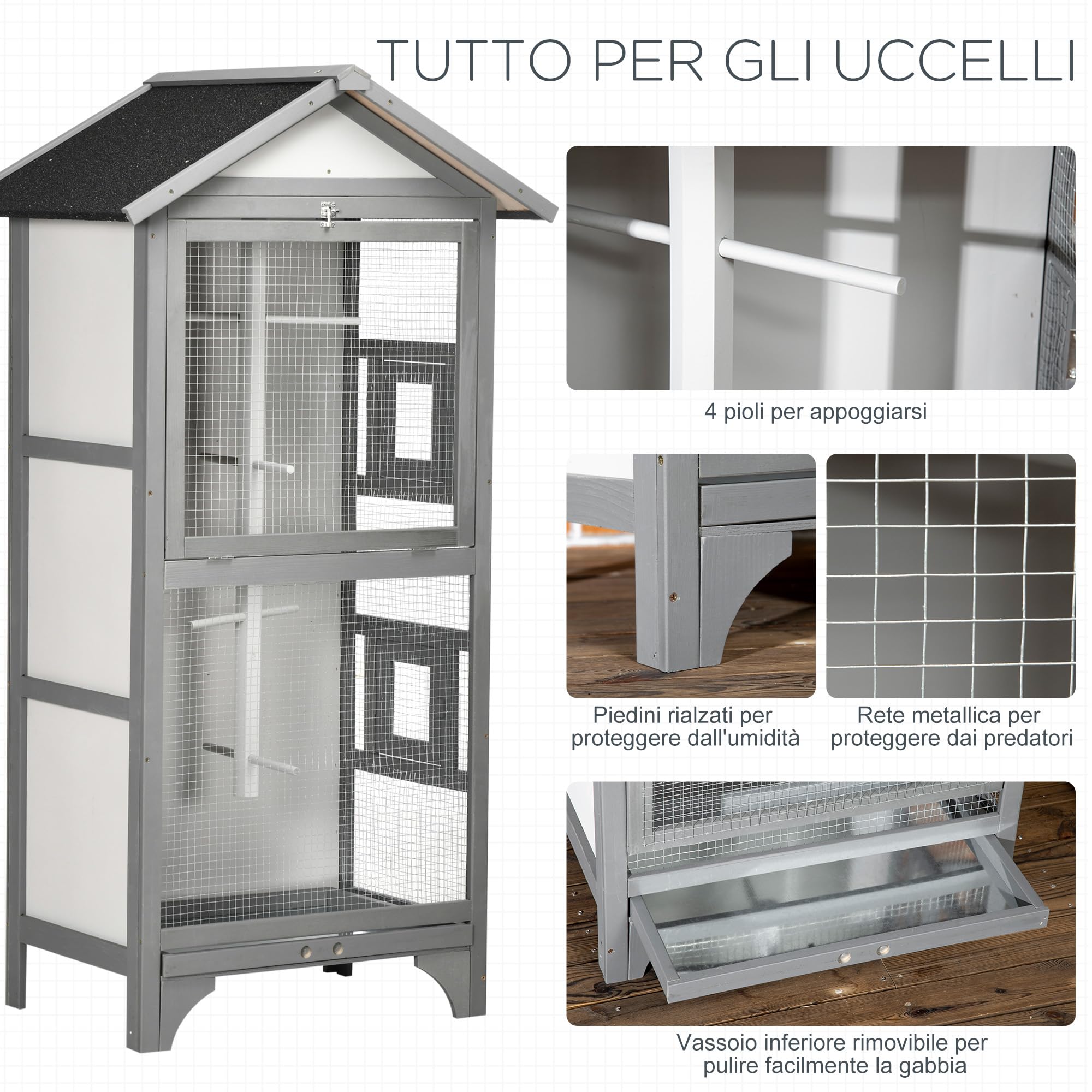 PawHut Gabbia per Uccelli da Esterno in Legno di Abete e Metallo, Voliera per Uccelli a 3 Aperture con Blocco, 4 Posatoi e Vassoio Rimovibile, 80.5x57x153 cm, Grigio Chiaro